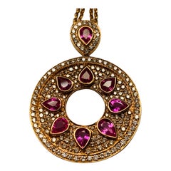 Mysterious 18 Karat Gold Pink Sapphire and Diamond Pendant with Chain