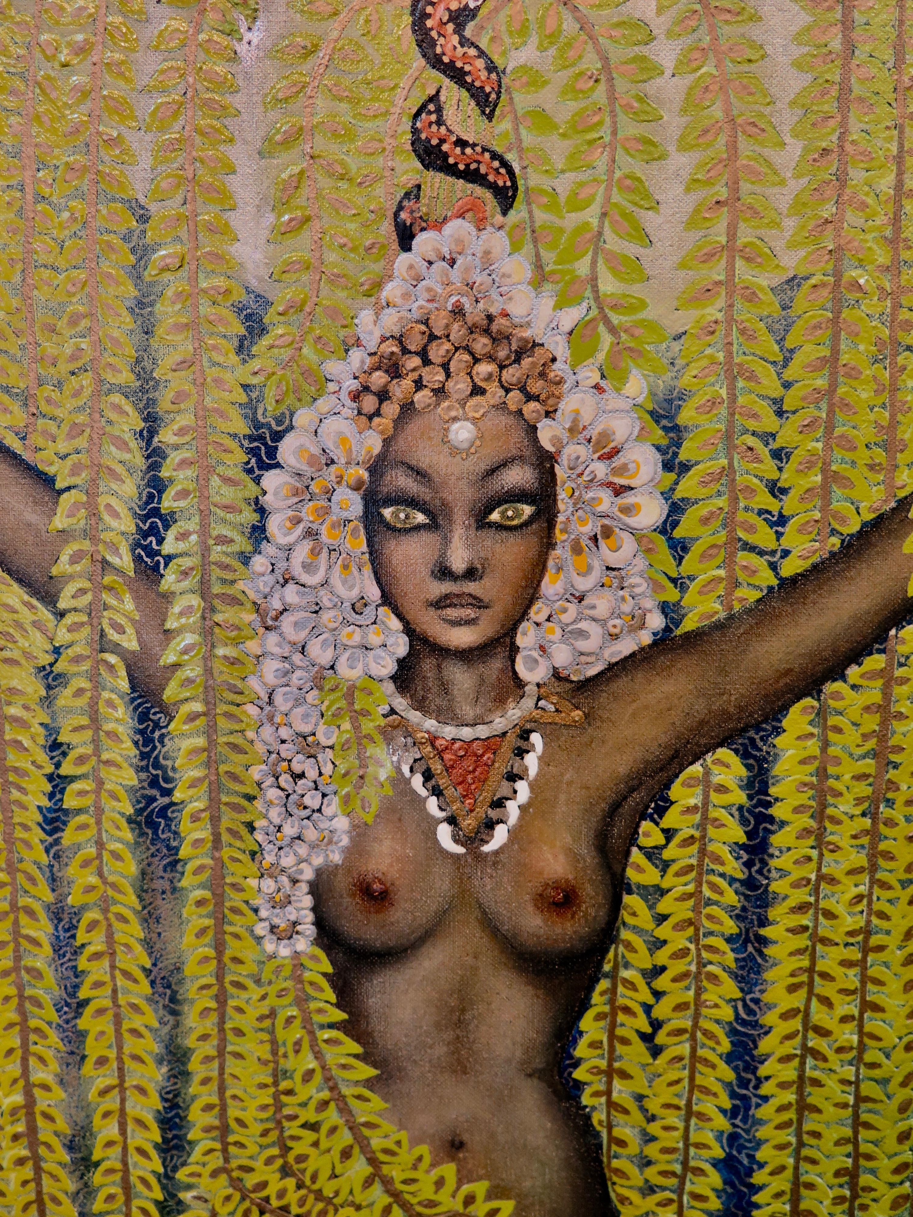 The artist, Mokomo, demonstrates a unique style. The painting is an interesting depiction of a princess in an exotic fertility ritual. This sensual nude island goddess, holding two bizarre ceremonial wands, is posed bare chested, wearing a headdress