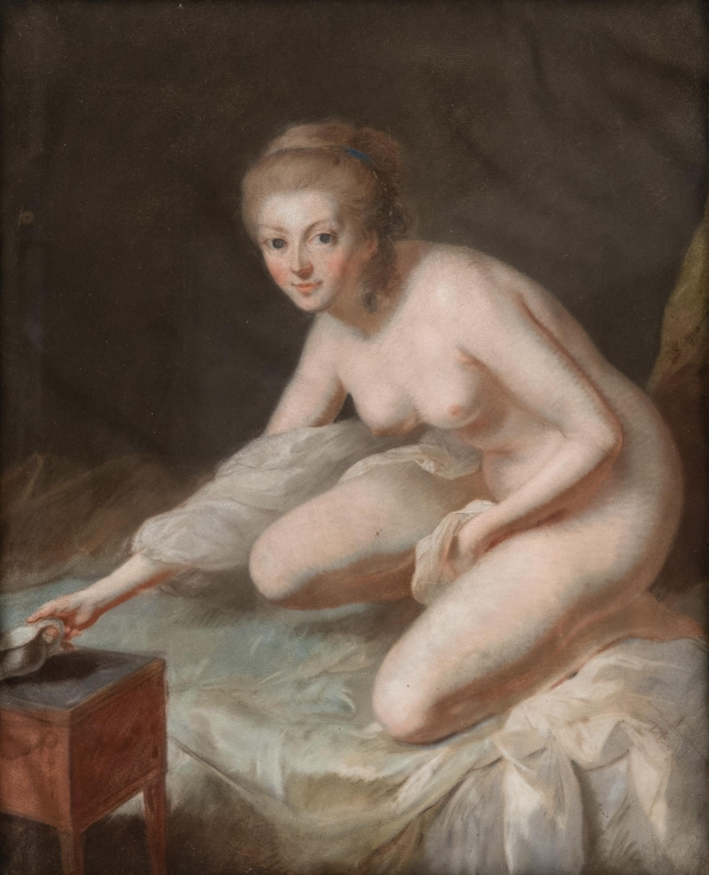Mystery Artist: Pastel on vellum painting, 18th-century French School. This piece portrays an intimate grooming scene, capturing a moment of private reflection.

Measurement: Art: 21 x 17 in. (53.3 x 43.2 cm.), Frame: 25 x 21 1/4 in. (63.5 x 54 cm.)
