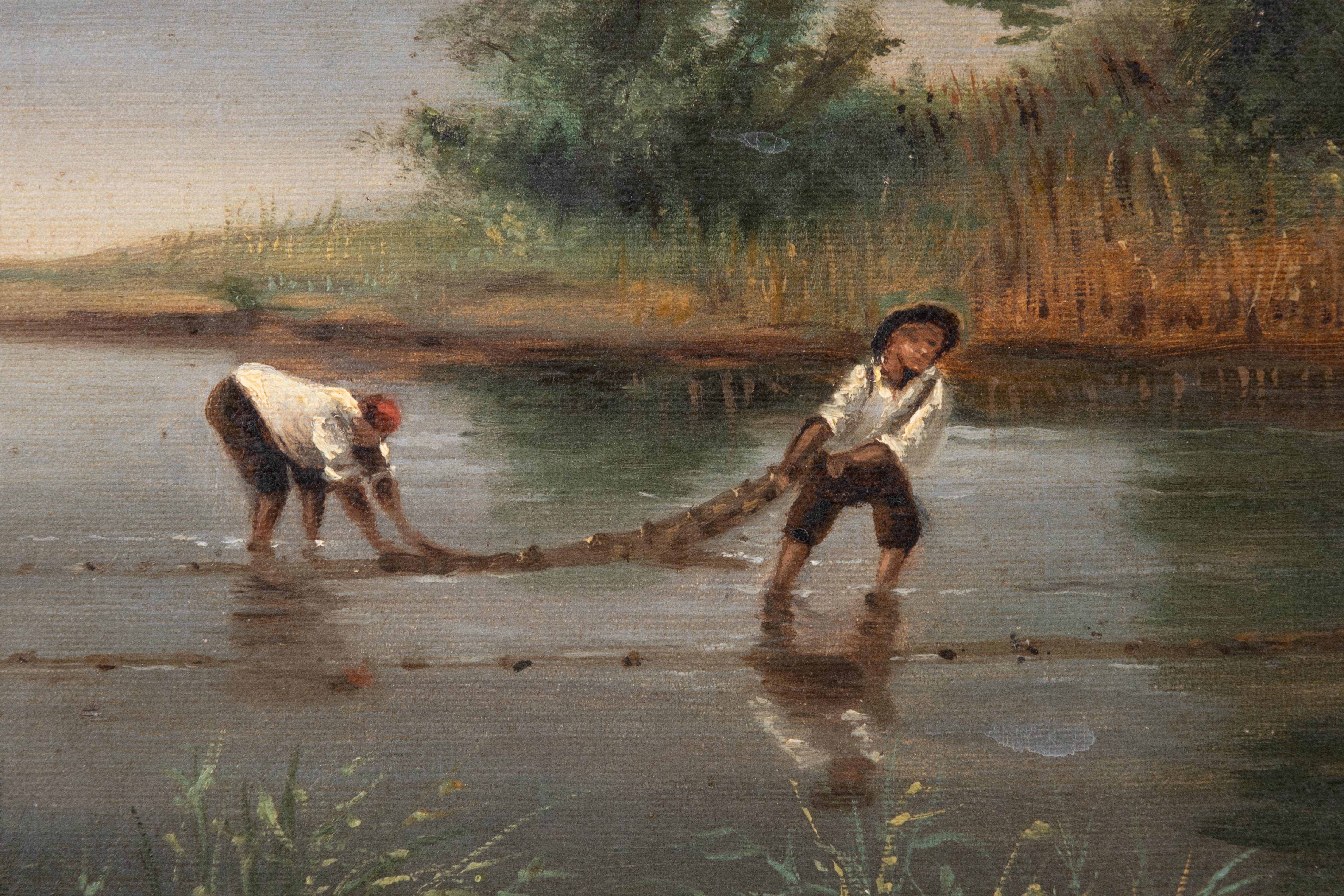 Barbizon School Mystery Artist, French Signed Oil on Canvas Painting Depicting Fishermen For Sale