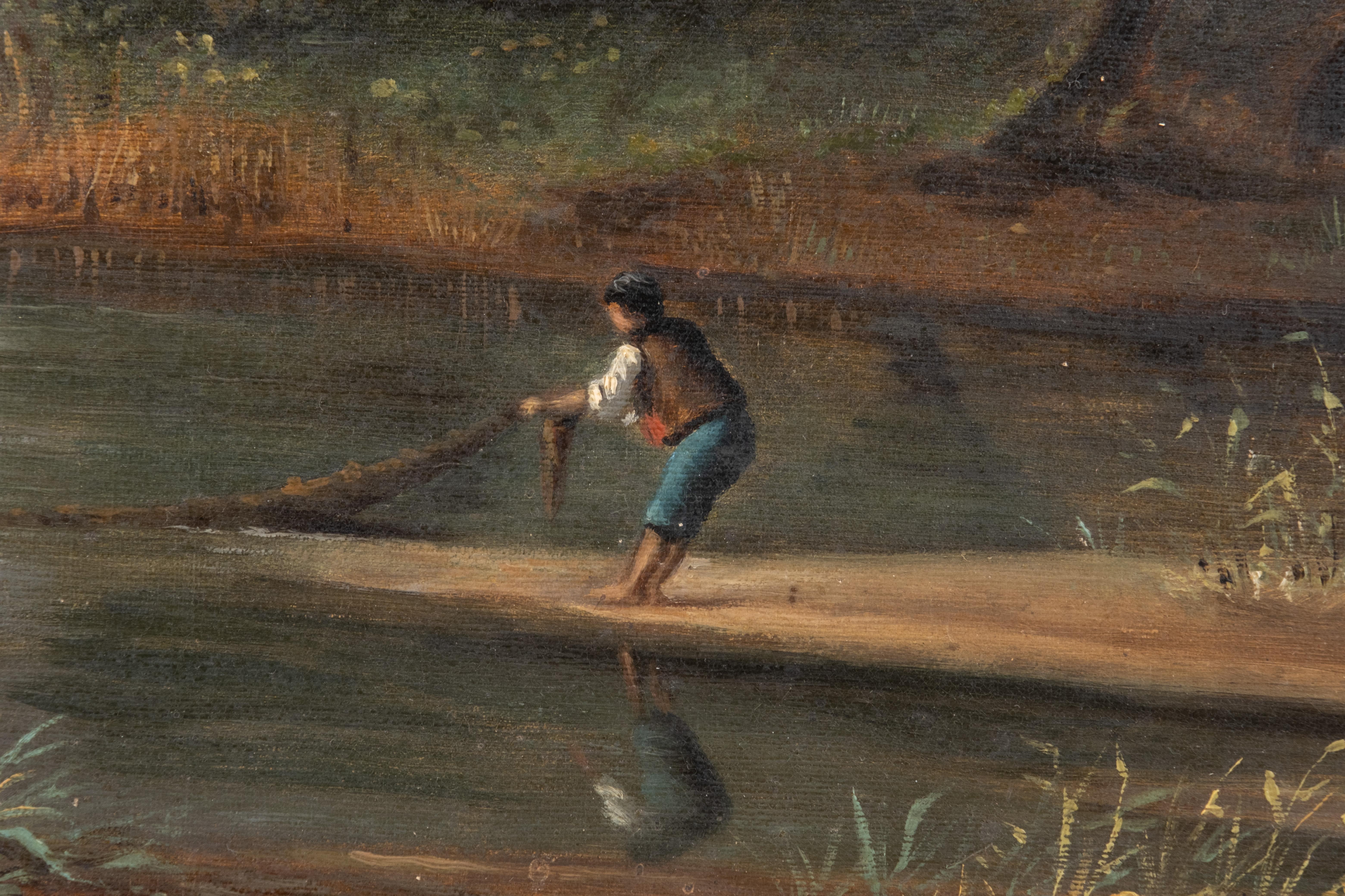 Hand-Painted Mystery Artist, French Signed Oil on Canvas Painting Depicting Fishermen For Sale