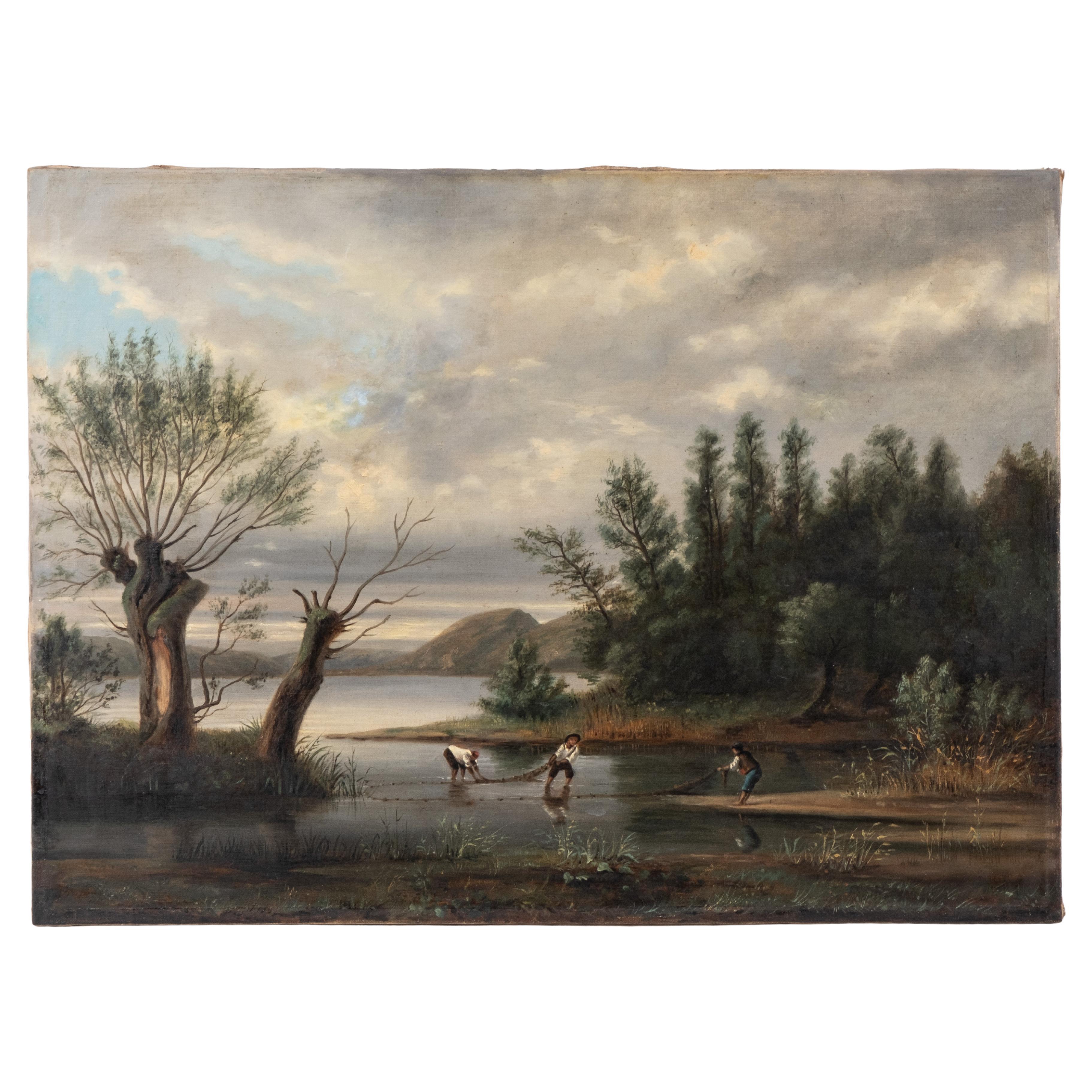 Mystery Artist, French Signed Oil on Canvas Painting Depicting Fishermen