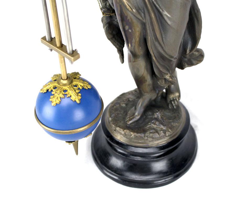 Mystery Cobalt Blue Ball 8 Day Brass Huntress Lady Statue Swinging Clock For Sale 3