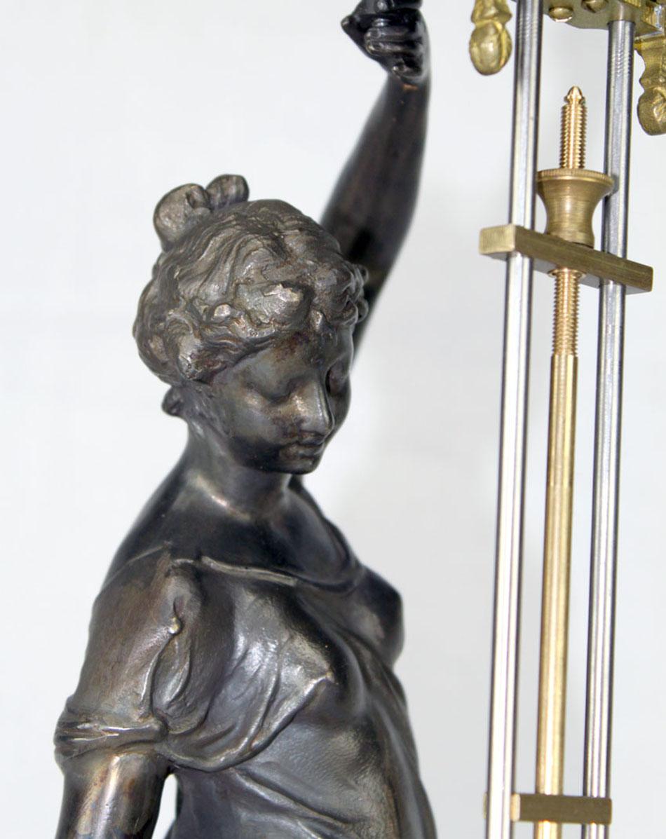 Contemporary Mystery Cobalt Blue Ball 8 Day Brass Huntress Lady Statue Swinging Clock For Sale
