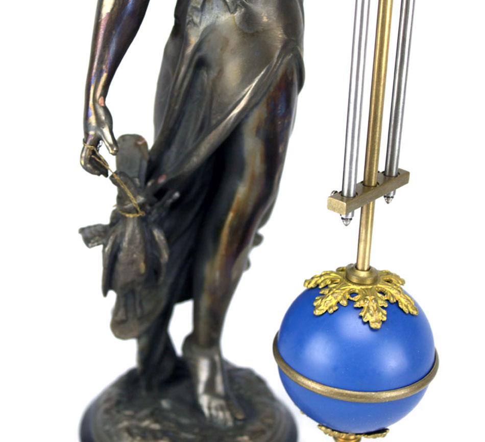 Mystery Cobalt Blue Ball 8 Day Brass Huntress Lady Statue Swinging Clock For Sale 2