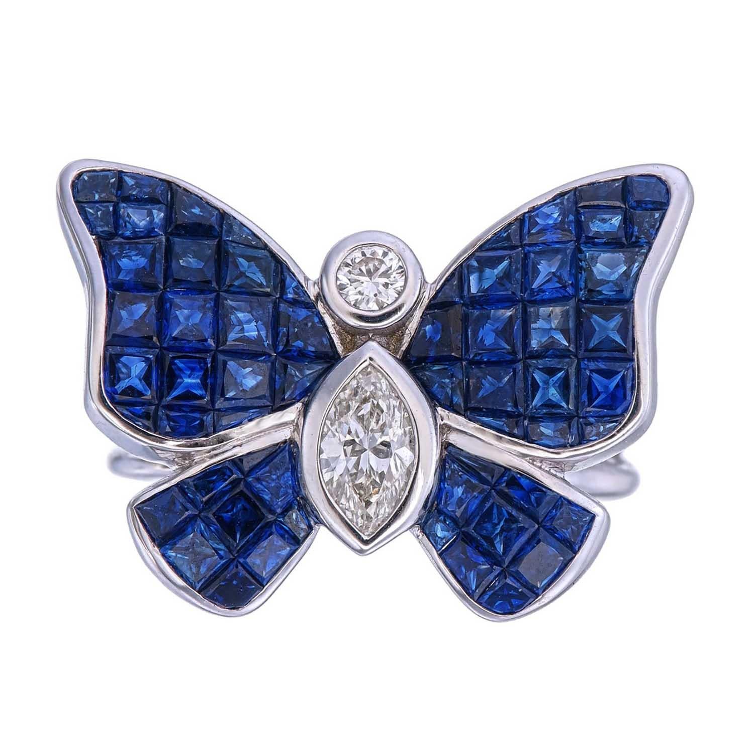 For Sale:  Mystery Invisible set Blue sapphire & diamonds on a butterfly ring 2