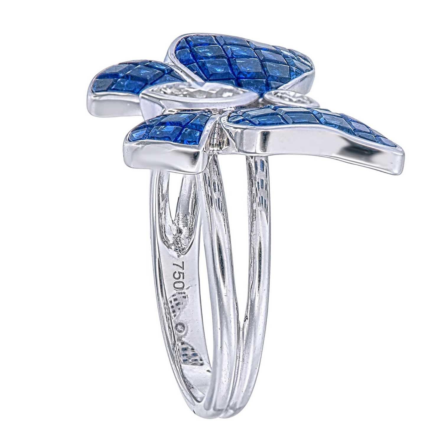 For Sale:  Mystery Invisible set Blue sapphire & diamonds on a butterfly ring 3