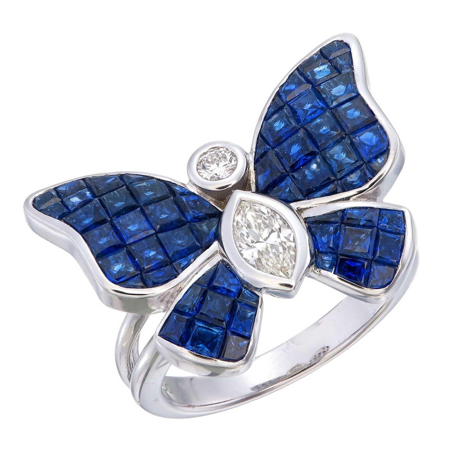 For Sale:  Mystery Invisible set Blue sapphire & diamonds on a butterfly ring 4