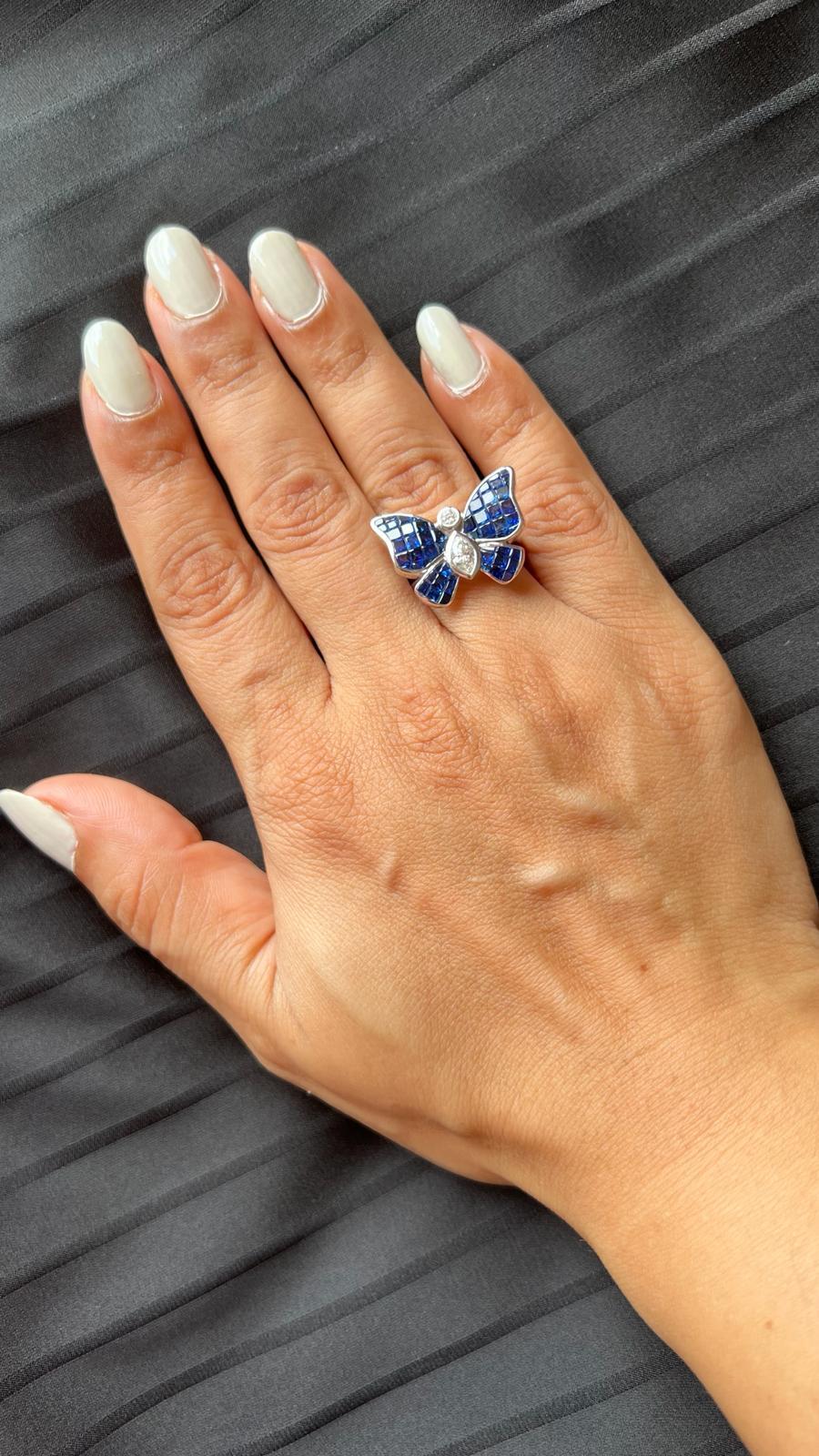 For Sale:  Mystery Invisible set Blue sapphire & diamonds on a butterfly ring 5