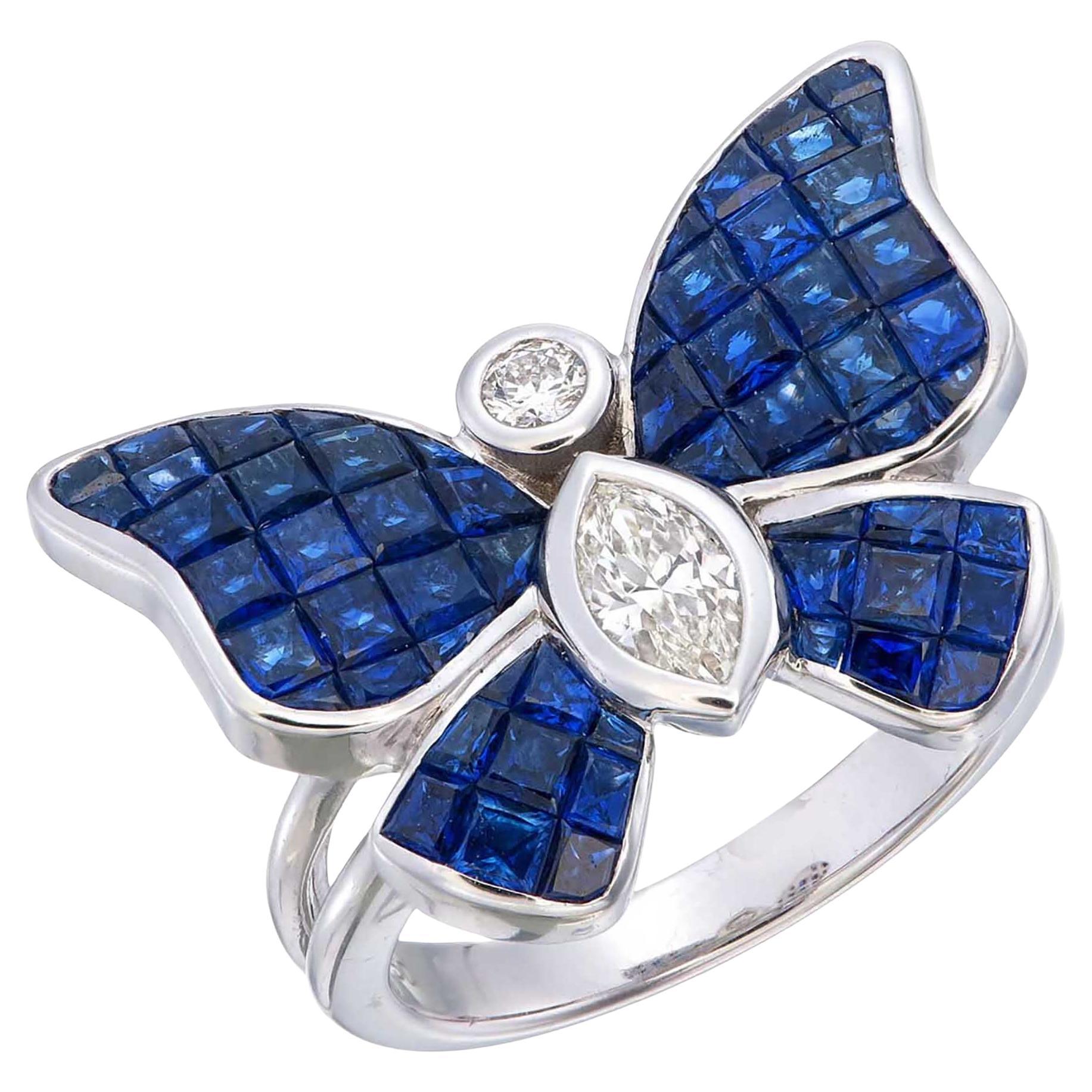 Mystère Invisible set Saphir bleu et diamants sur bague papillon