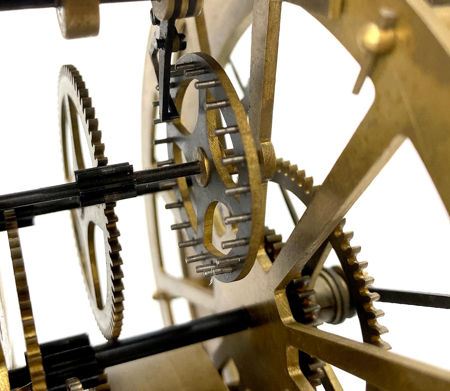 Brass Mystery Pinwheel Upside Down Skeleton Hanging Swinging Clock with Marble Base
