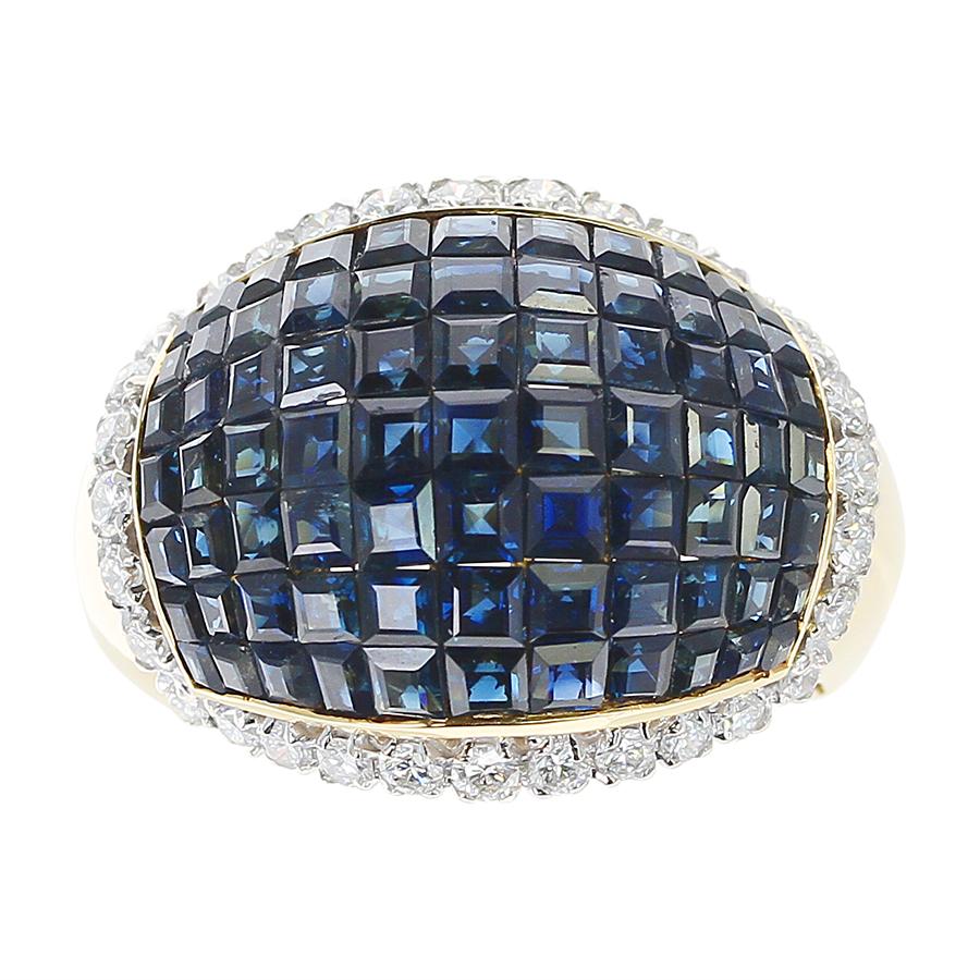 Square Cut Mystery Set Blue Sapphire and Diamond Bombe Cocktail Ring, 18 Karat Yellow Gold