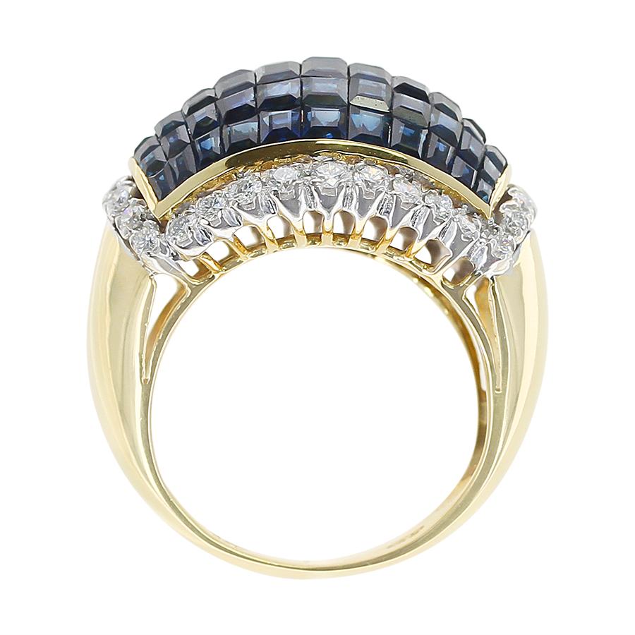 Women's or Men's Mystery Set Blue Sapphire and Diamond Bombe Cocktail Ring, 18 Karat Yellow Gold