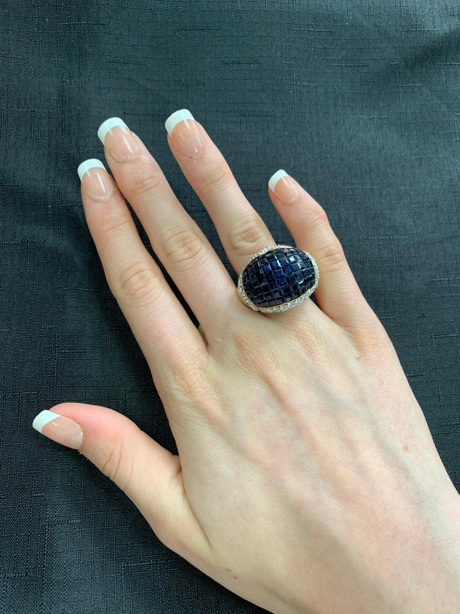 Mystery Set Blue Sapphire and Diamond Bombe Cocktail Ring, 18 Karat Yellow Gold 1