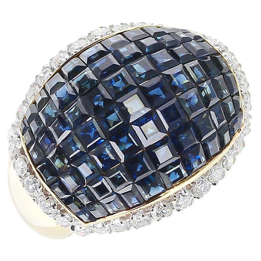 Mystery Set Blue Sapphire and Diamond Bombe Cocktail Ring, 18 Karat Yellow Gold