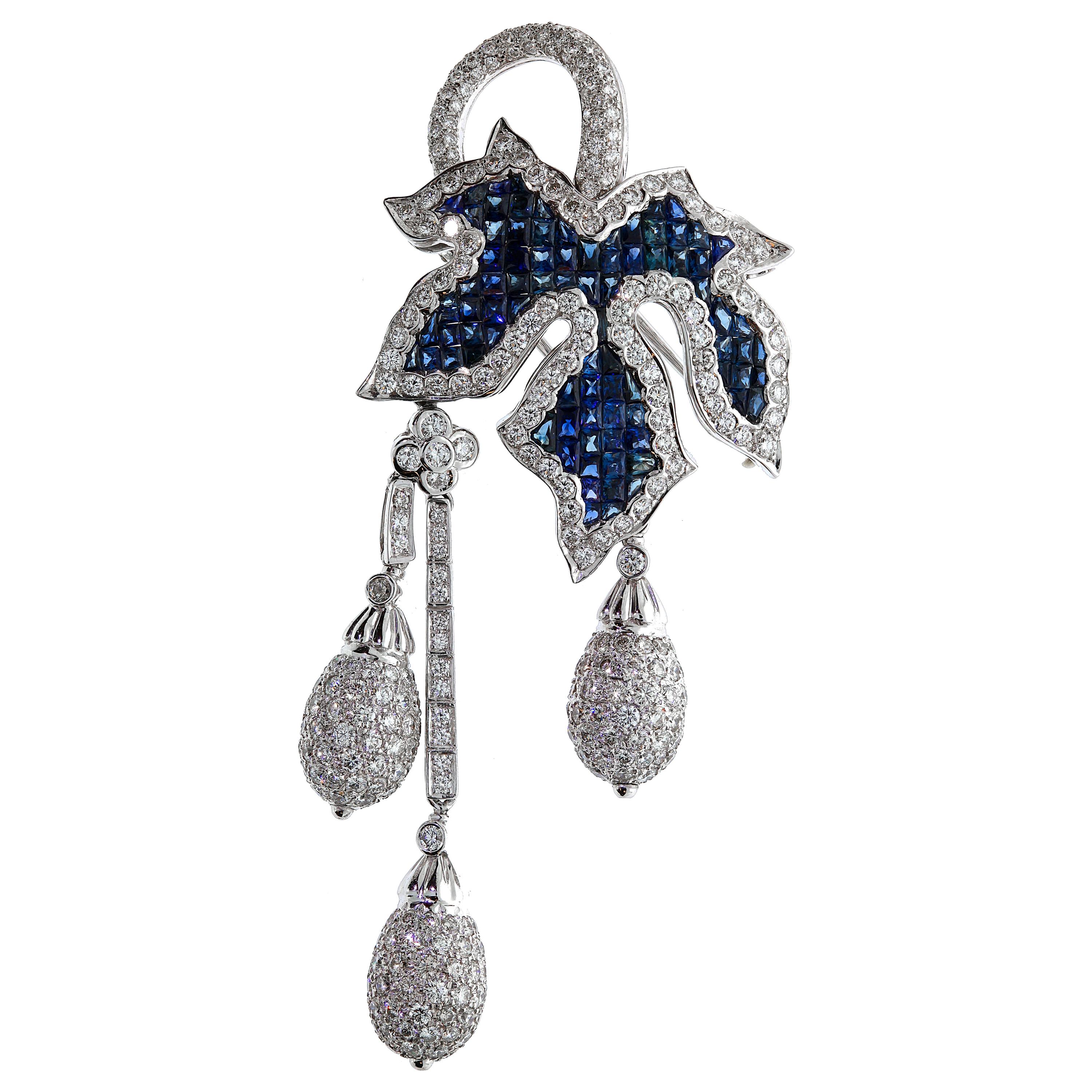 Chatila Mystery Set Blue Sapphire and Diamond Leaf Brooch For Sale