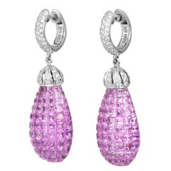 Mystery-Set Pink Sapphire & Diamond 20.07cts 18K Gold Drop Earrings