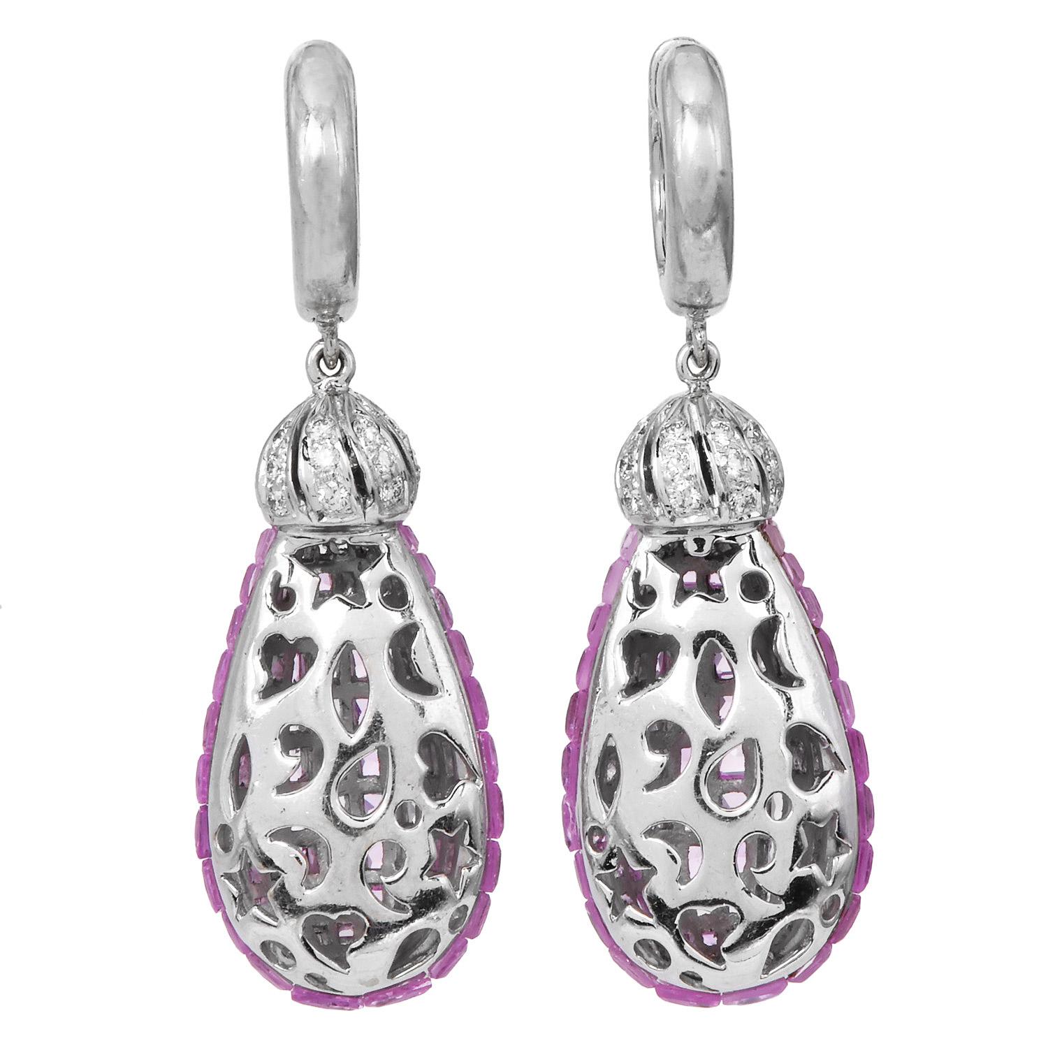 Mystery-Set Pink Sapphire & Diamond 20.07cts 18K Gold Drop Earrings In Excellent Condition For Sale In Miami, FL