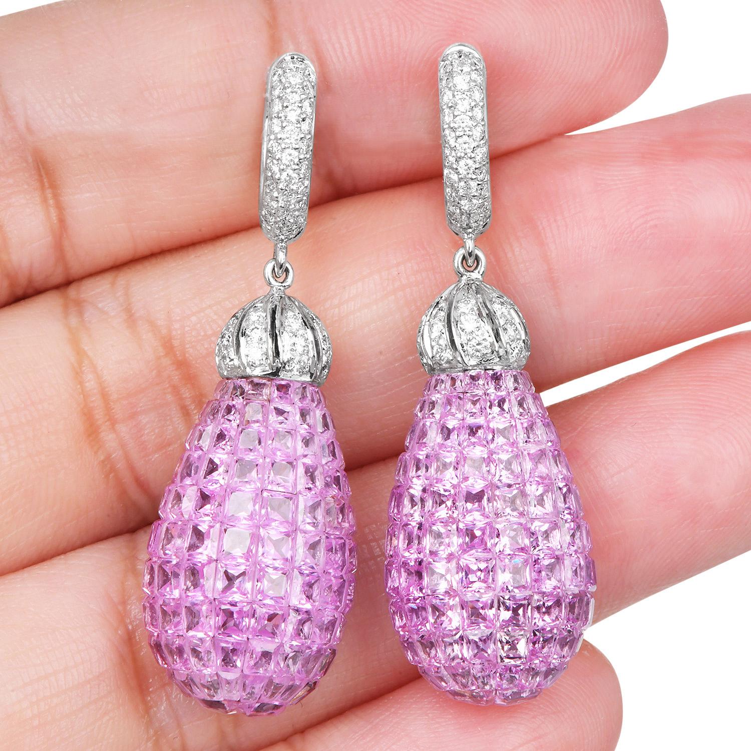 Mystery-Set Pink Sapphire & Diamond 20.07cts 18K Gold Drop Earrings For Sale 1