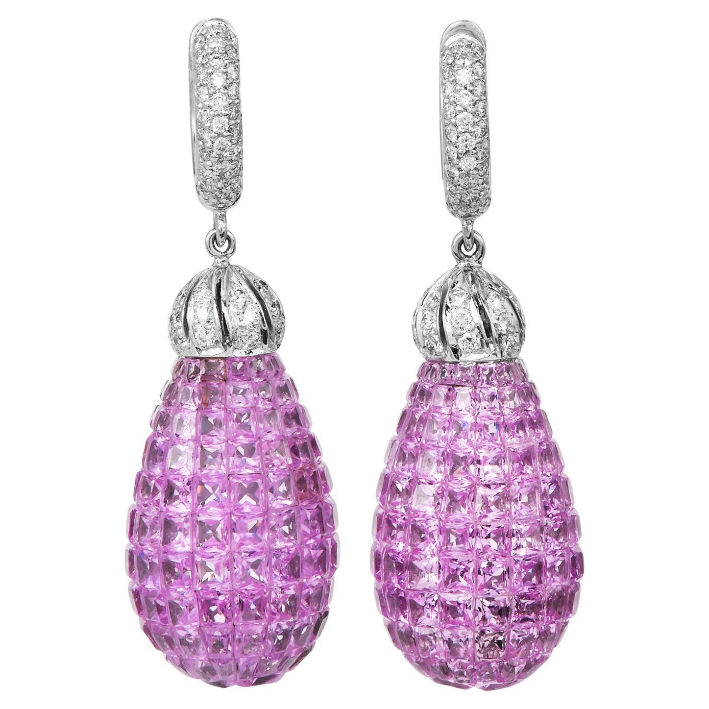 Mystery-Set Pink Sapphire & Diamond 20.07cts 18K Gold Drop Earrings For Sale