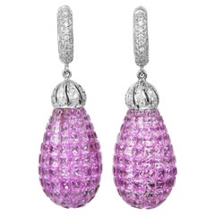 Mystery-Set Pink Sapphire & Diamond 20.07cts 18K Gold Drop Earrings