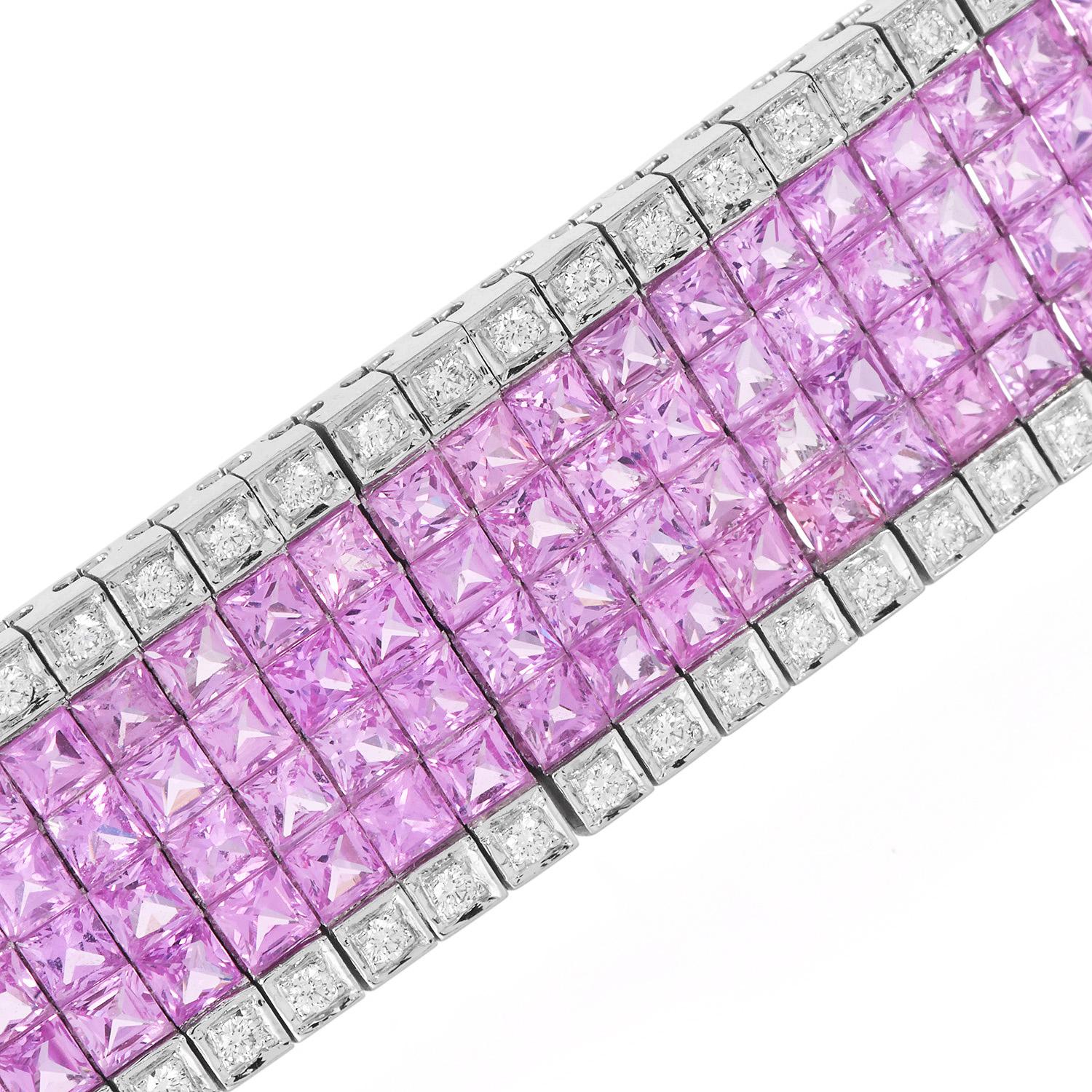 Mystery-Set Pink Sapphire & Diamond 45.80cts Wide 18K Gold Bracelet In Excellent Condition For Sale In Miami, FL