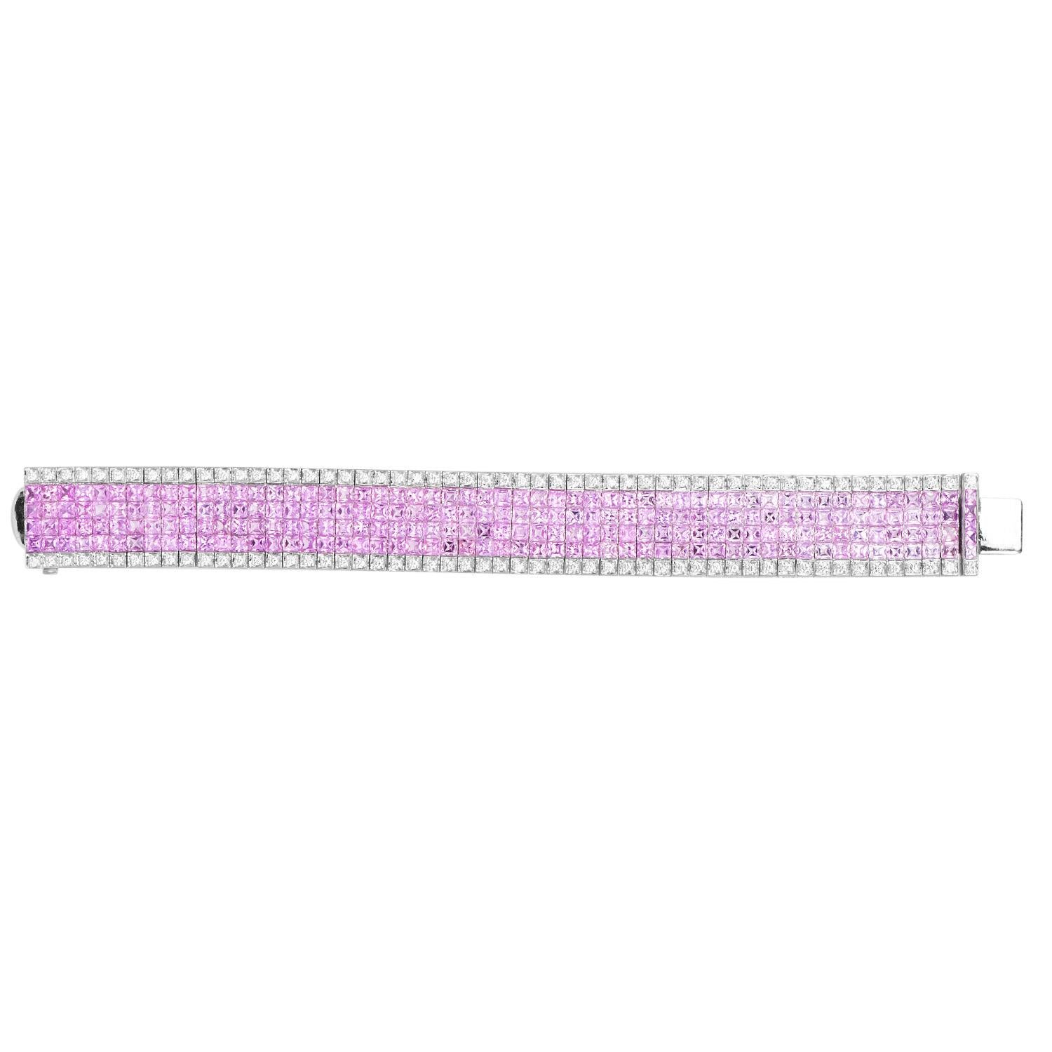 Women's Mystery-Set Pink Sapphire & Diamond 45.80cts Wide 18K Gold Bracelet For Sale