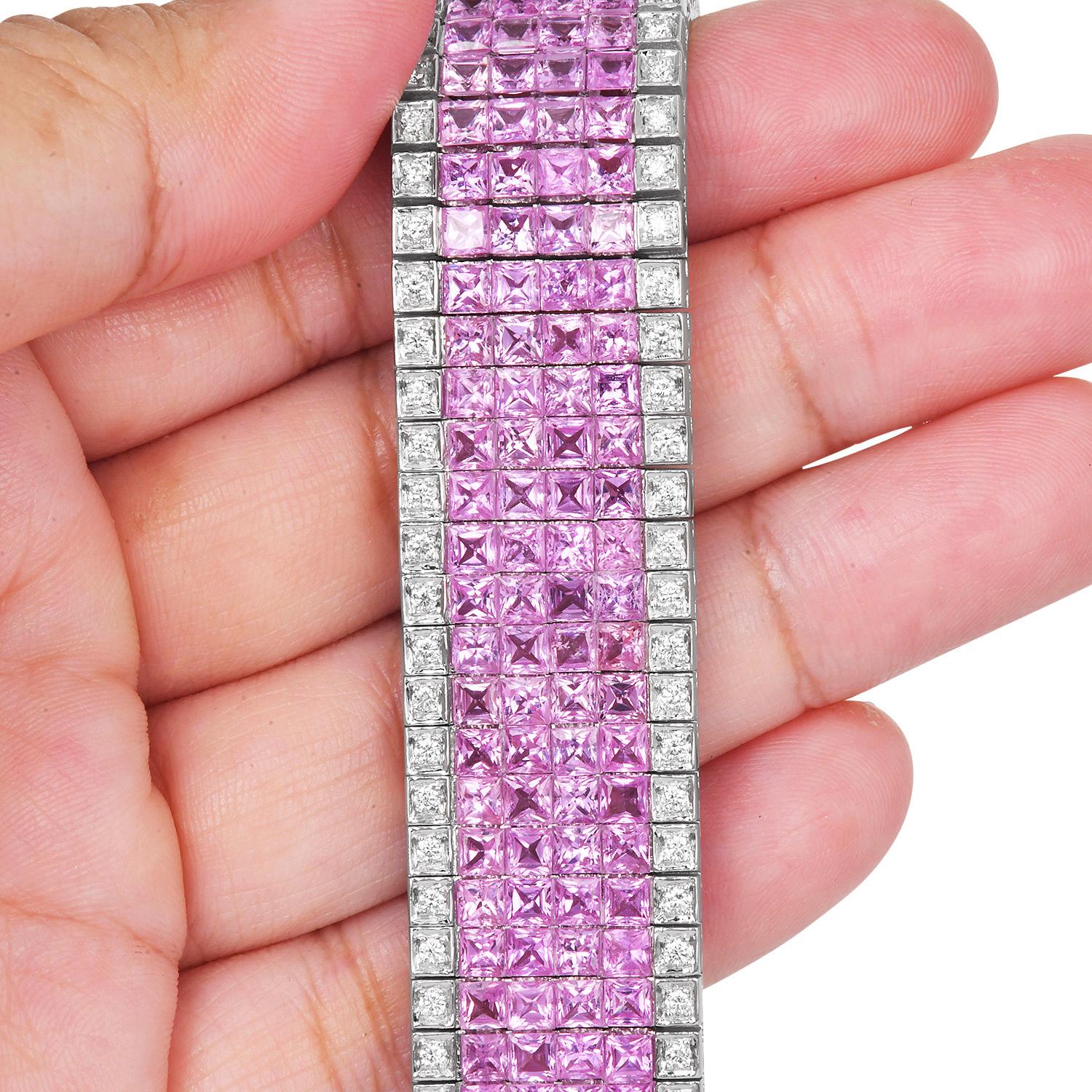 Mystery-Set Pink Sapphire & Diamond 45.80cts Wide 18K Gold Bracelet For Sale 2