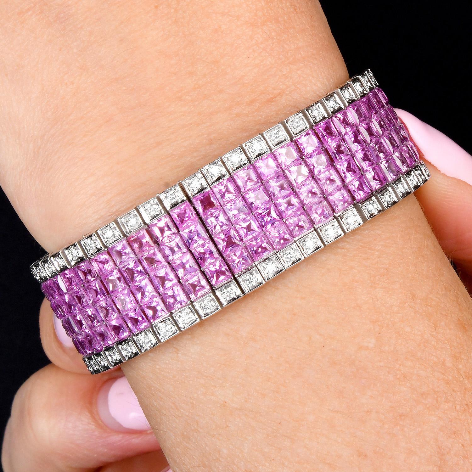 Mystery-Set Pink Sapphire & Diamond 45.80cts Wide 18K Gold Bracelet For Sale 3