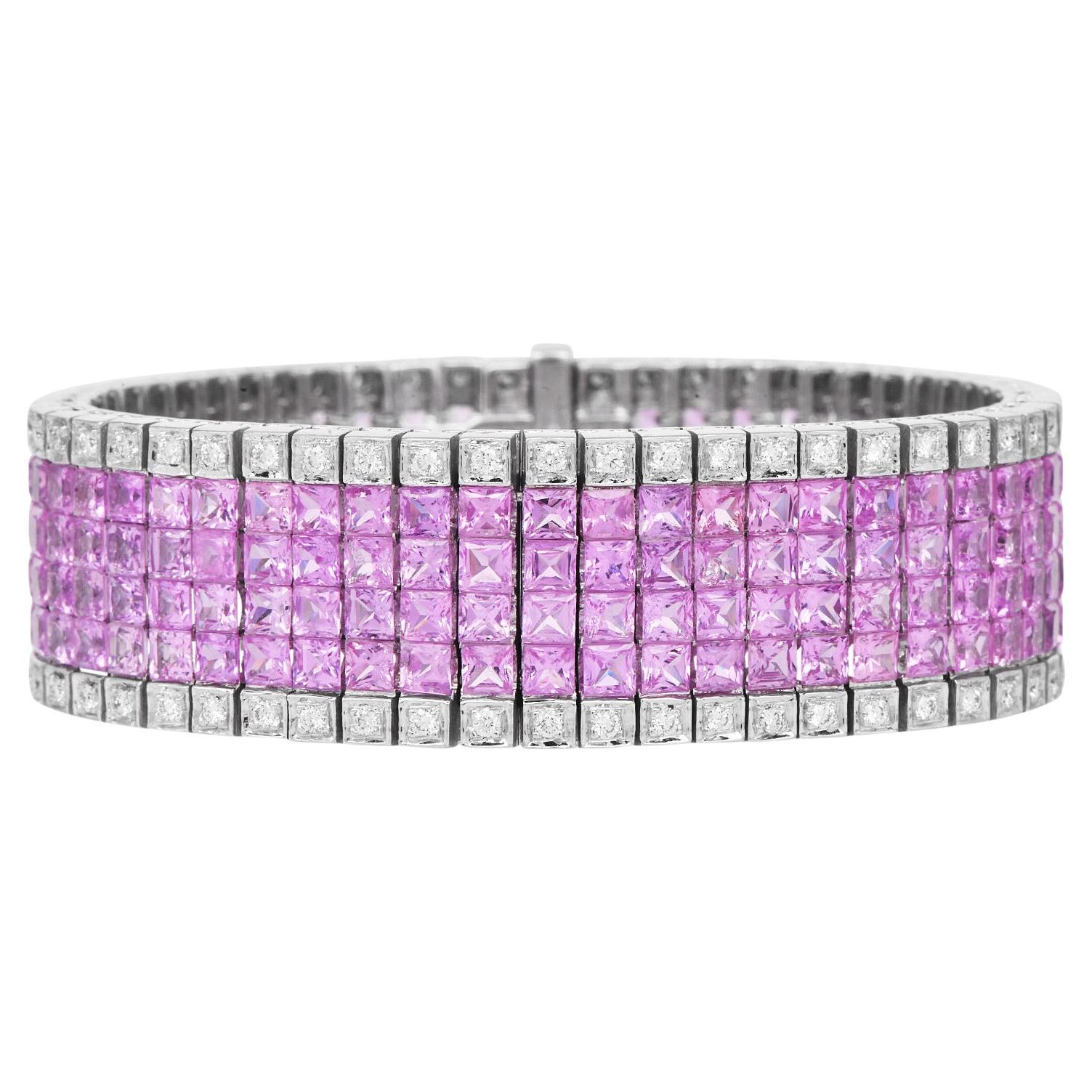 Mystery-Set Pink Sapphire & Diamond 45.80cts Wide 18K Gold Bracelet For Sale