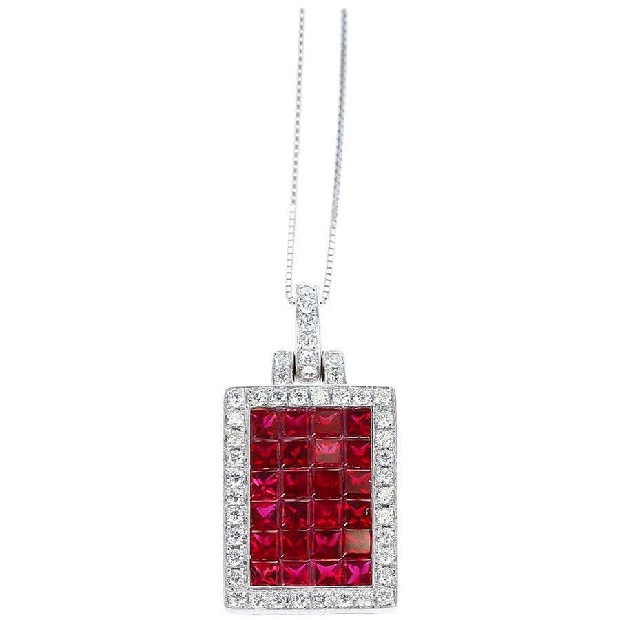 Mystery Set Rectangular Ruby and Diamond Pendant, 18 Karat White Gold ...