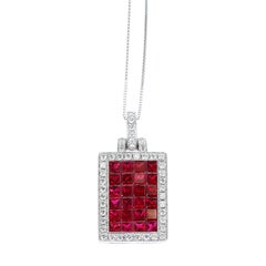 Mystery Set Rectangular Ruby and Diamond Pendant, 18 Karat White Gold