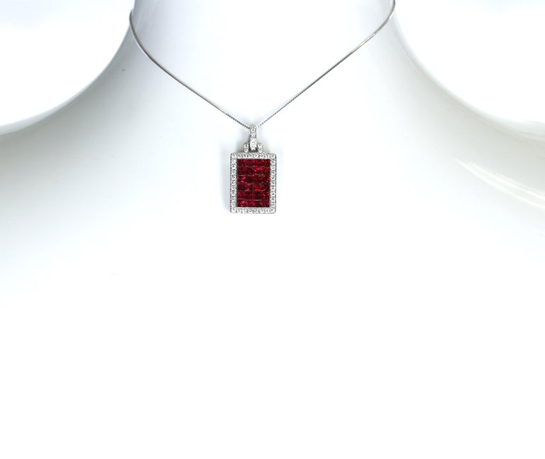 Mystery Set Rectangular Ruby and Diamond Pendant, 18 Karat White Gold ...