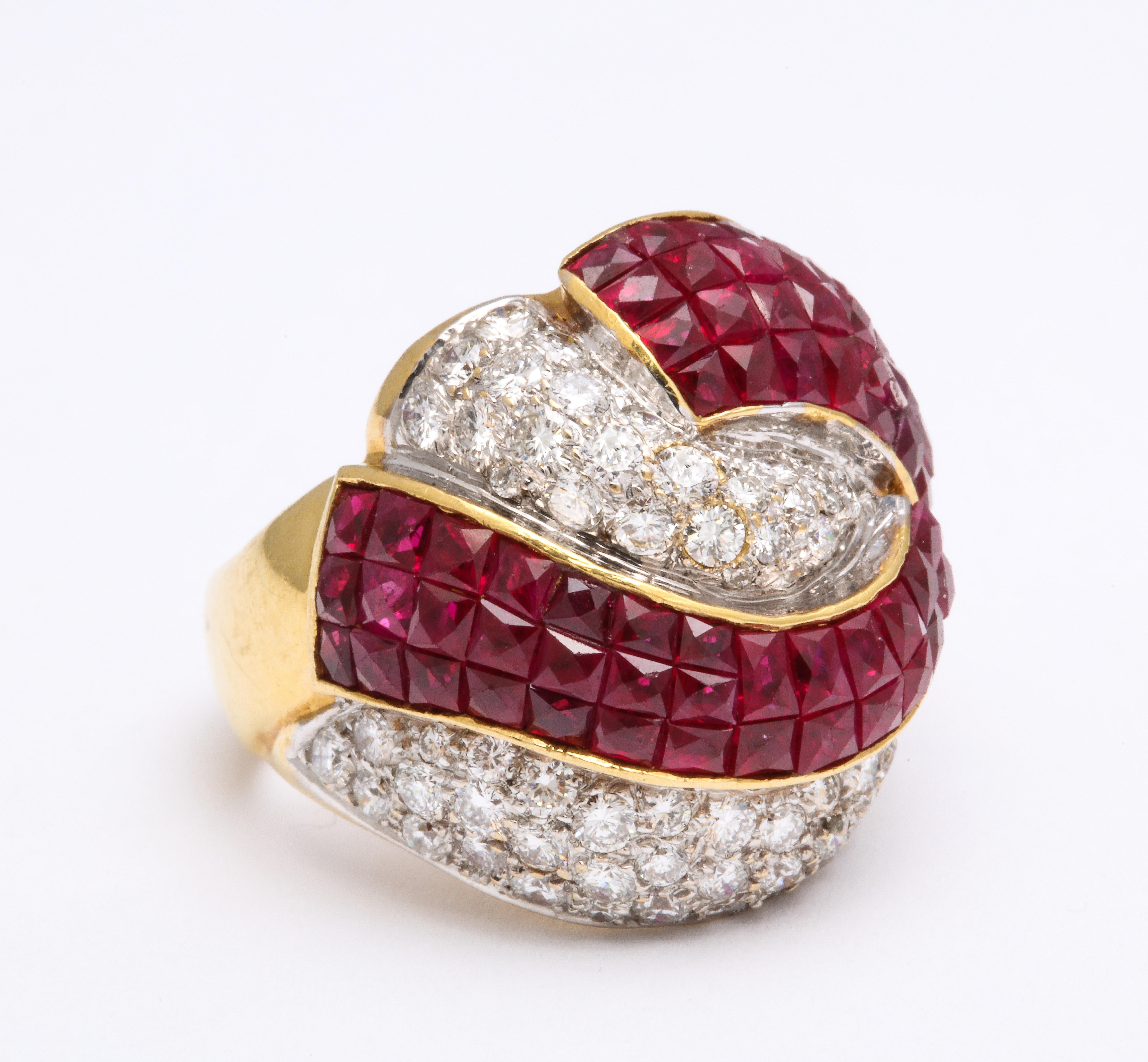 Square Cut Mystery Set Ruby and Diamond Bombe Cocktail Ring For Sale