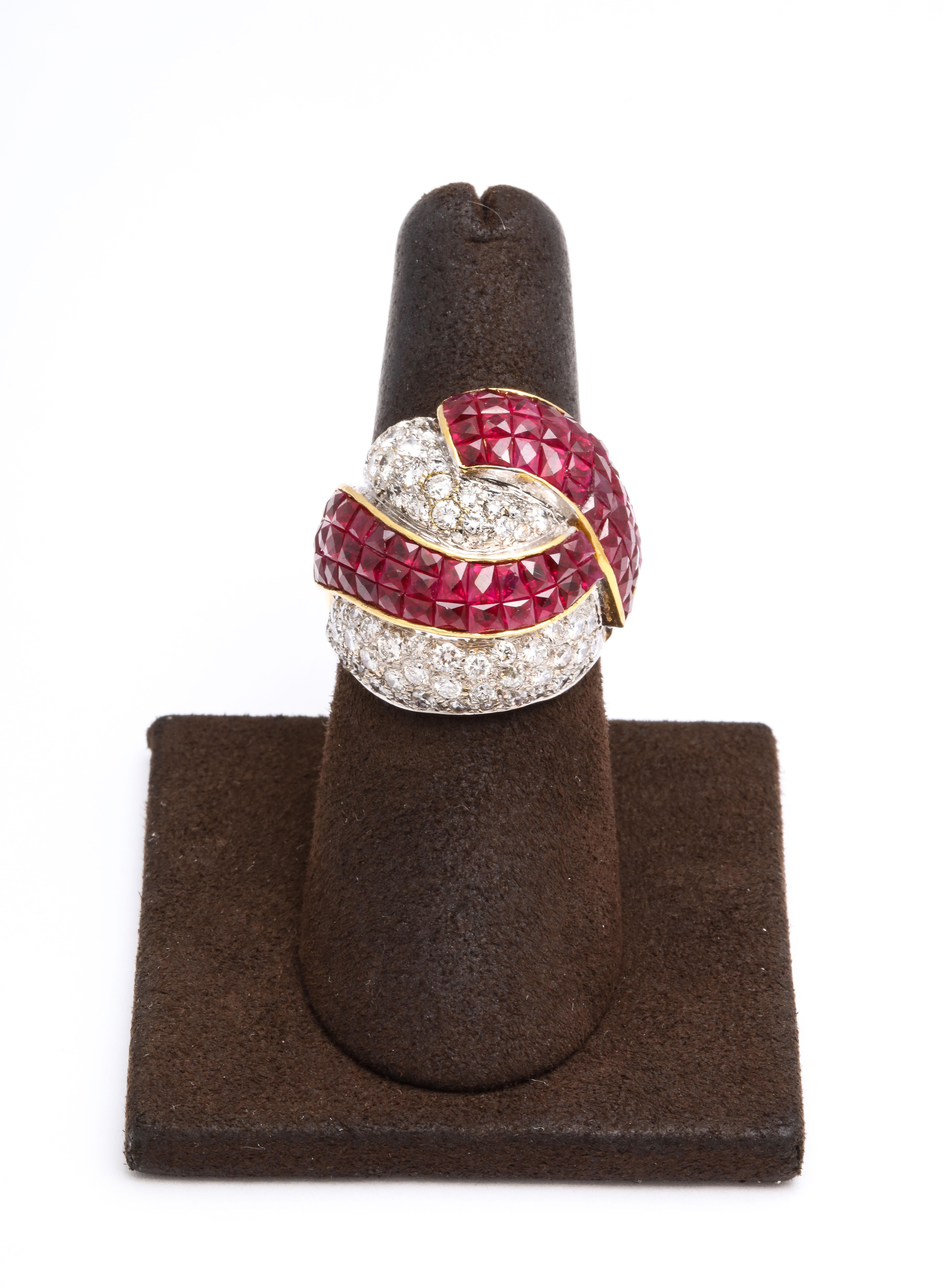 Mystery Set Ruby and Diamond Bombe Cocktail Ring In New Condition For Sale In New York, NY