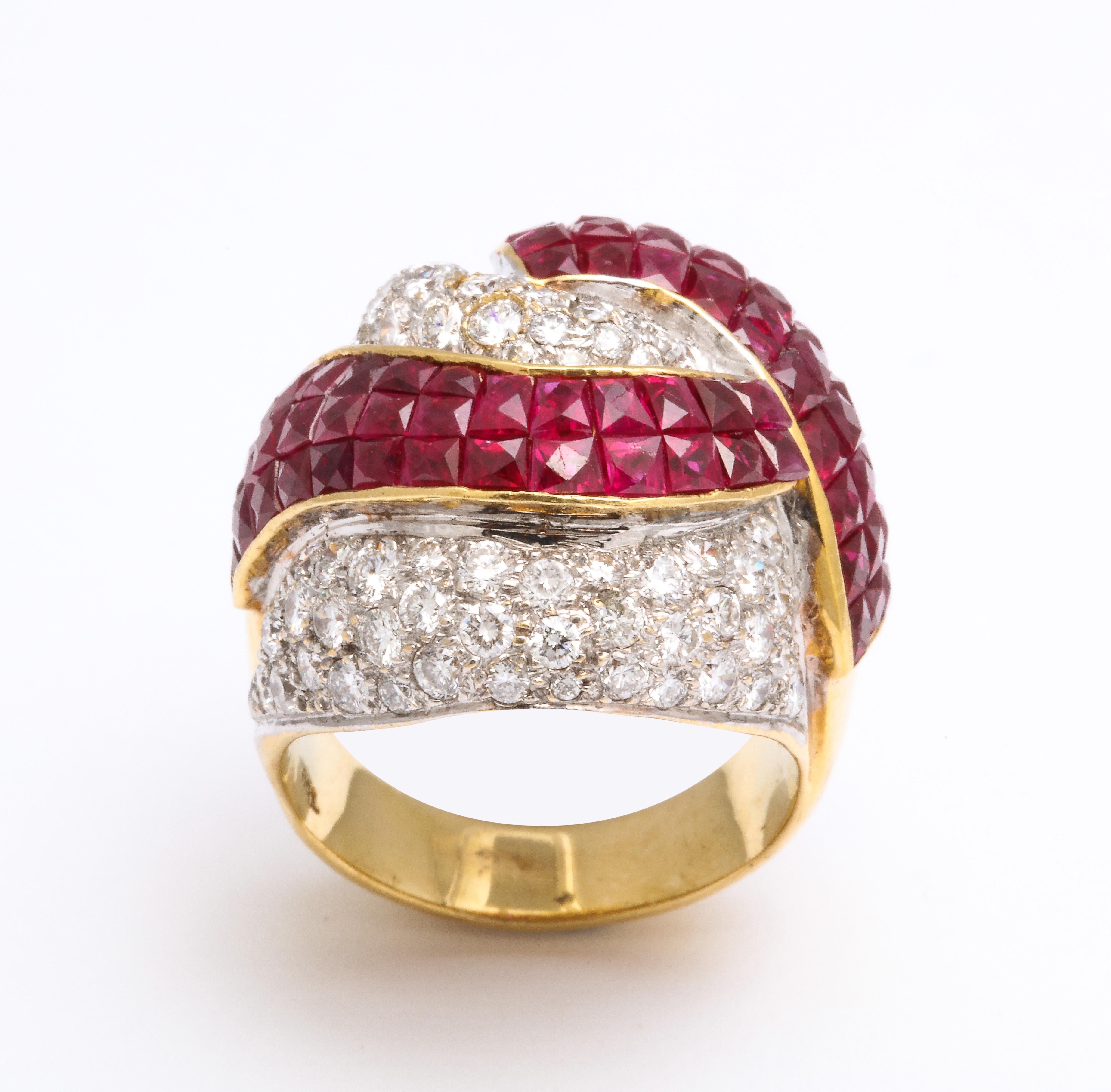 Women's or Men's Mystery Set Ruby and Diamond Bombe Cocktail Ring For Sale