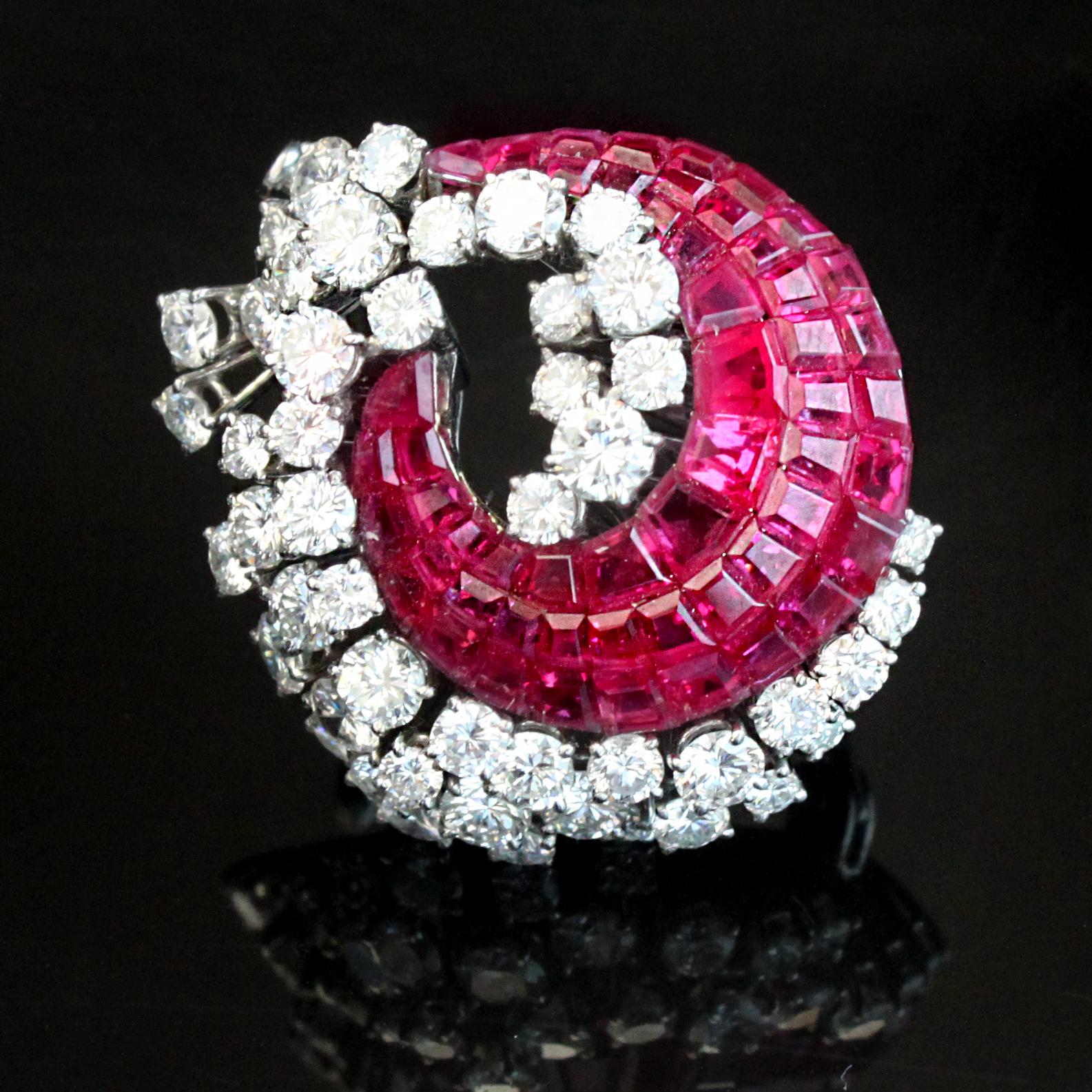 Round Cut Mystery Set Ruby and Diamond Brooch by Schilling