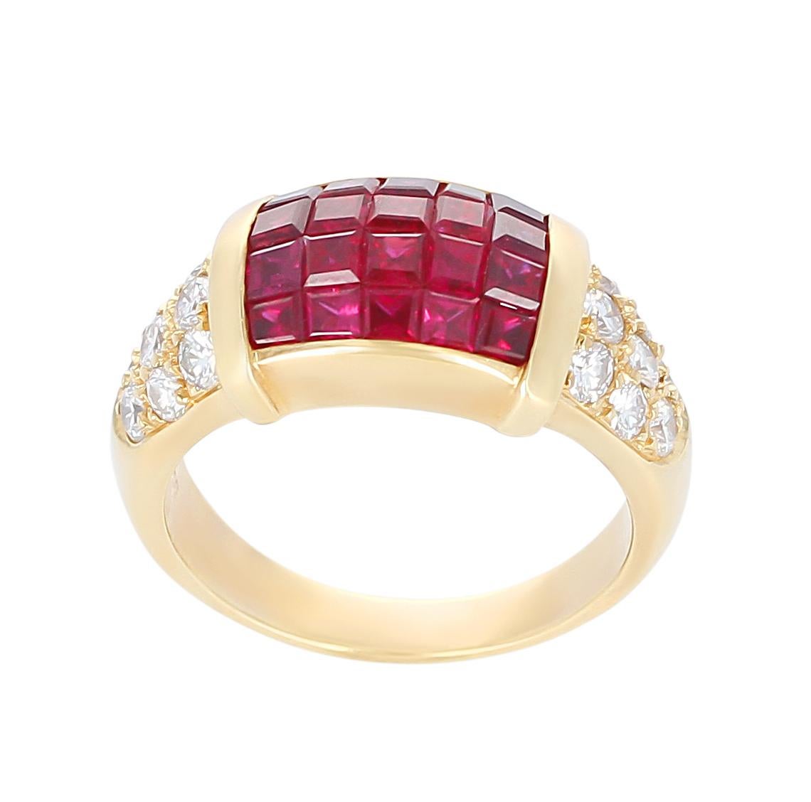 An  invisibly set, mystery ring with Rubies with diamonds on the side. Set in 18 Karat Yellow Gold, Ring Size US 6.50. Total Weight: 9.50 Grams.