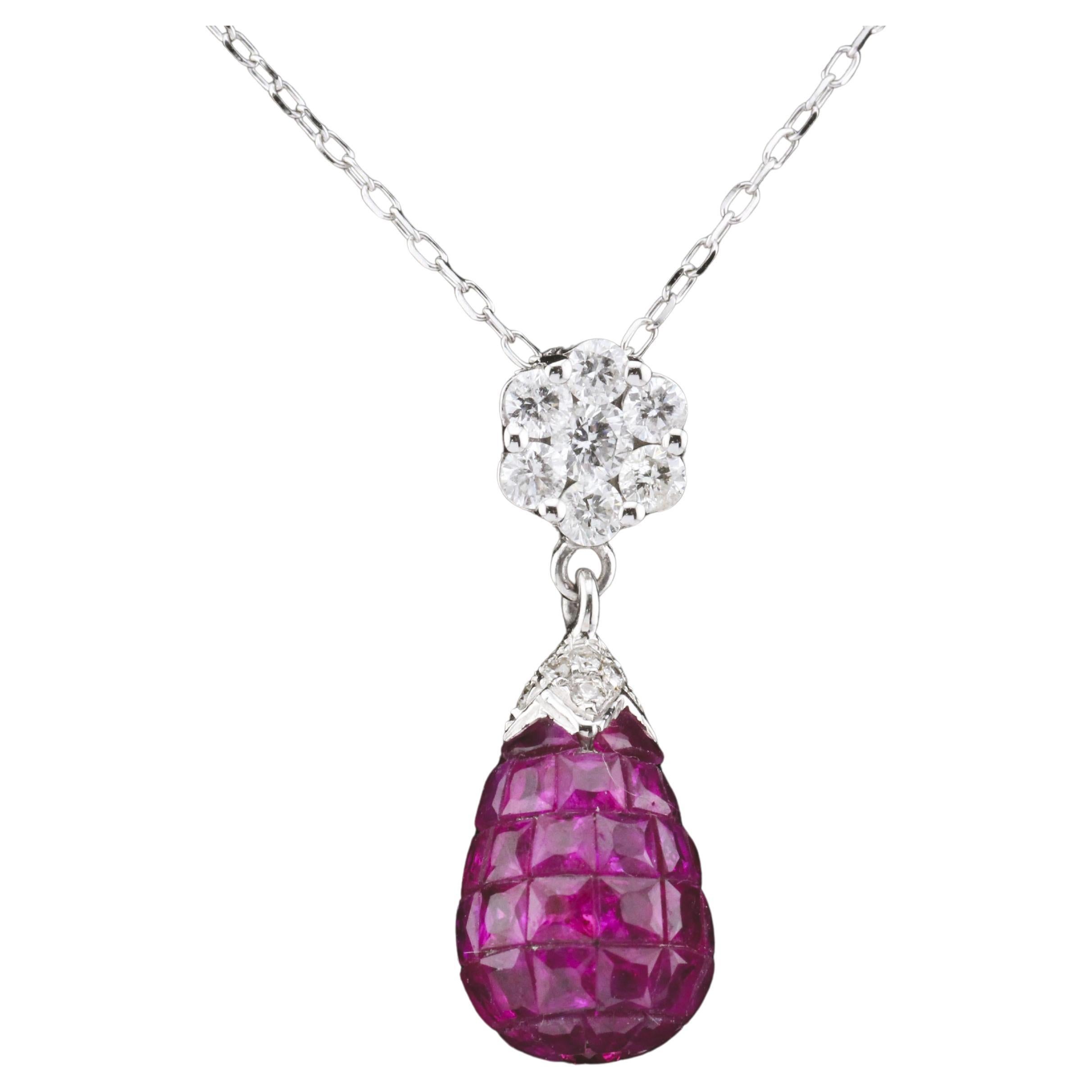 Mystery Set Ruby Diamond 18k White Gold Pendant Necklace For Sale