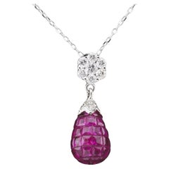 Mystery Set Ruby Diamond 18k White Gold Pendant Necklace