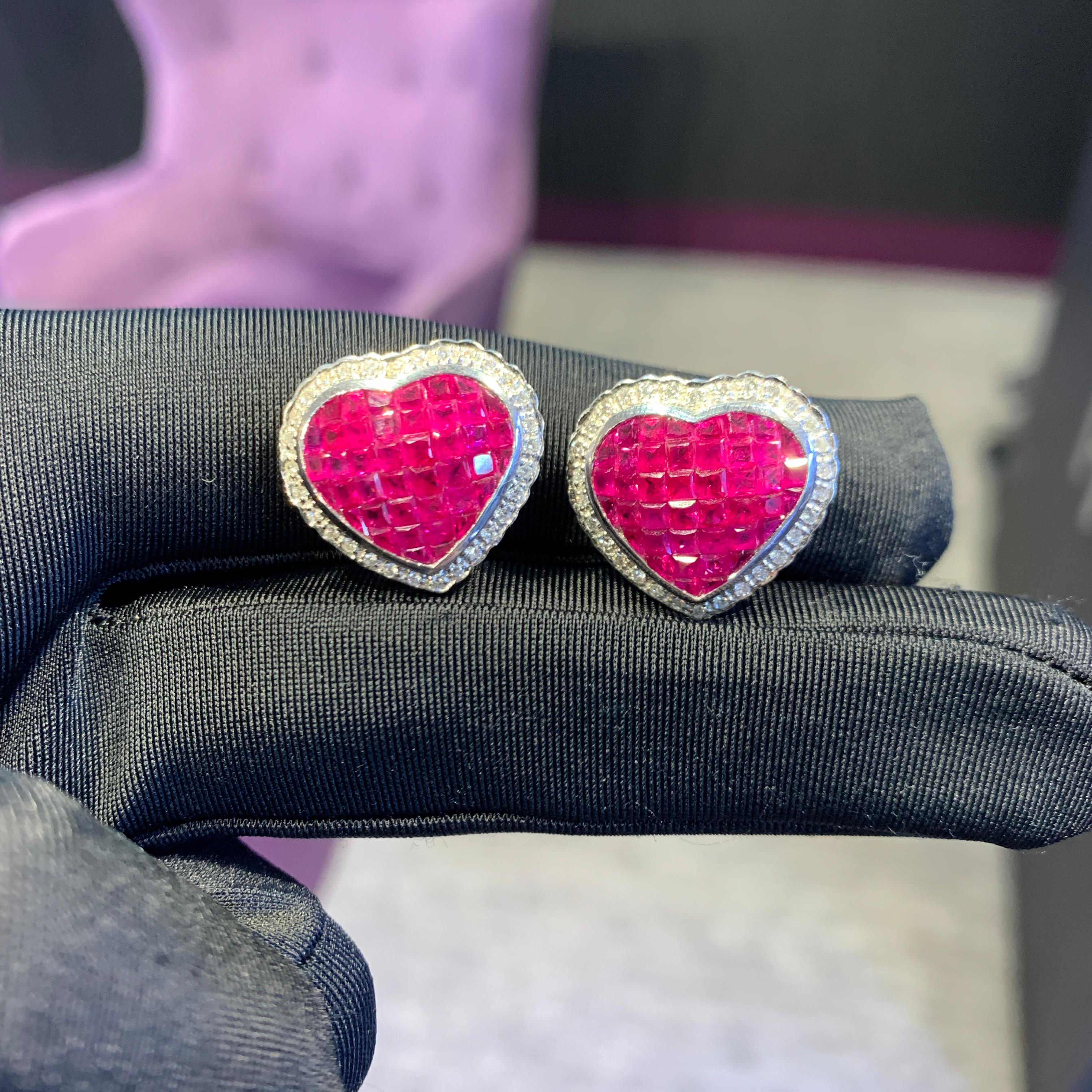Square Cut Mystery Set Ruby & Diamond Heart Earrings For Sale