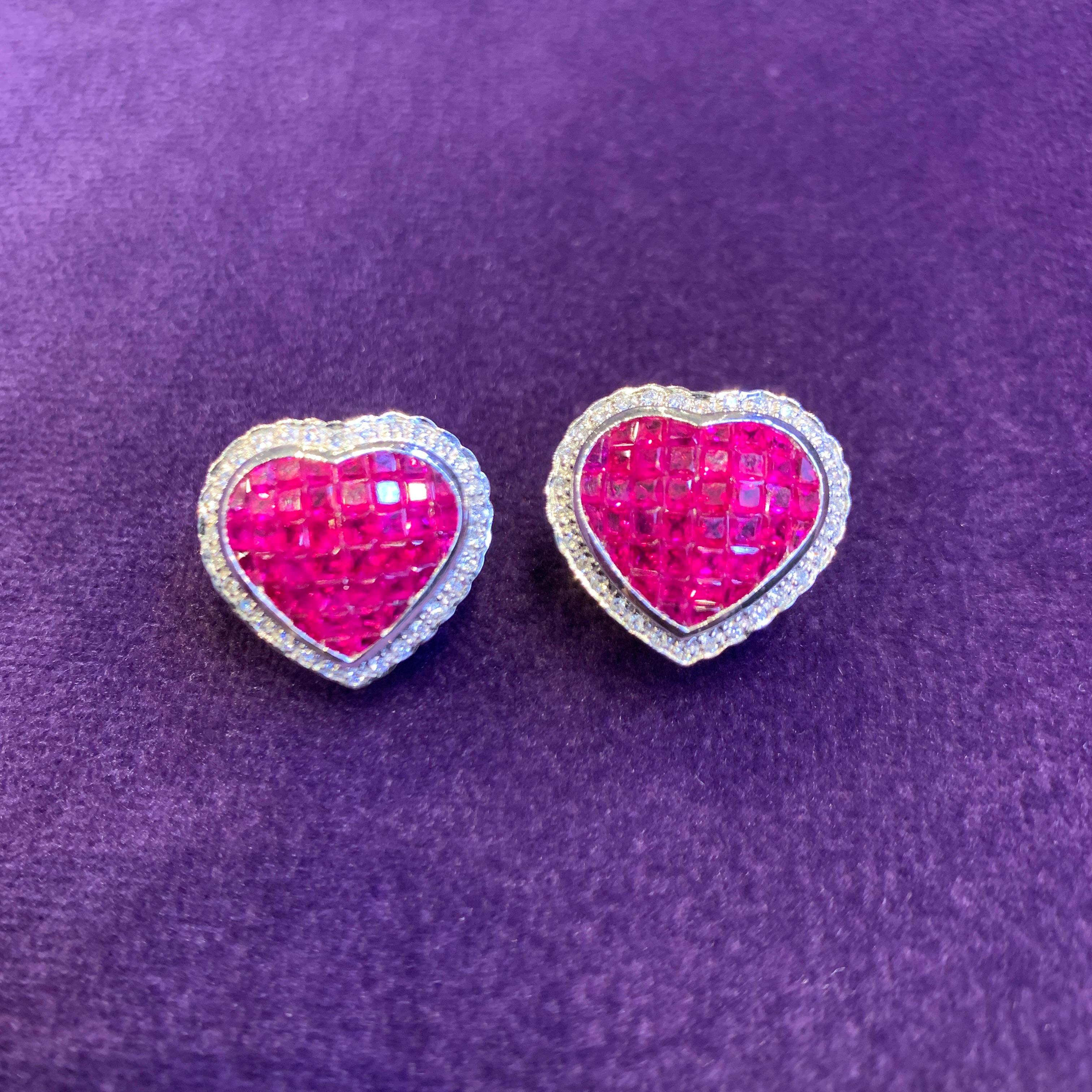 Mystery Set Ruby & Diamond Heart Earrings In Excellent Condition For Sale In New York, NY