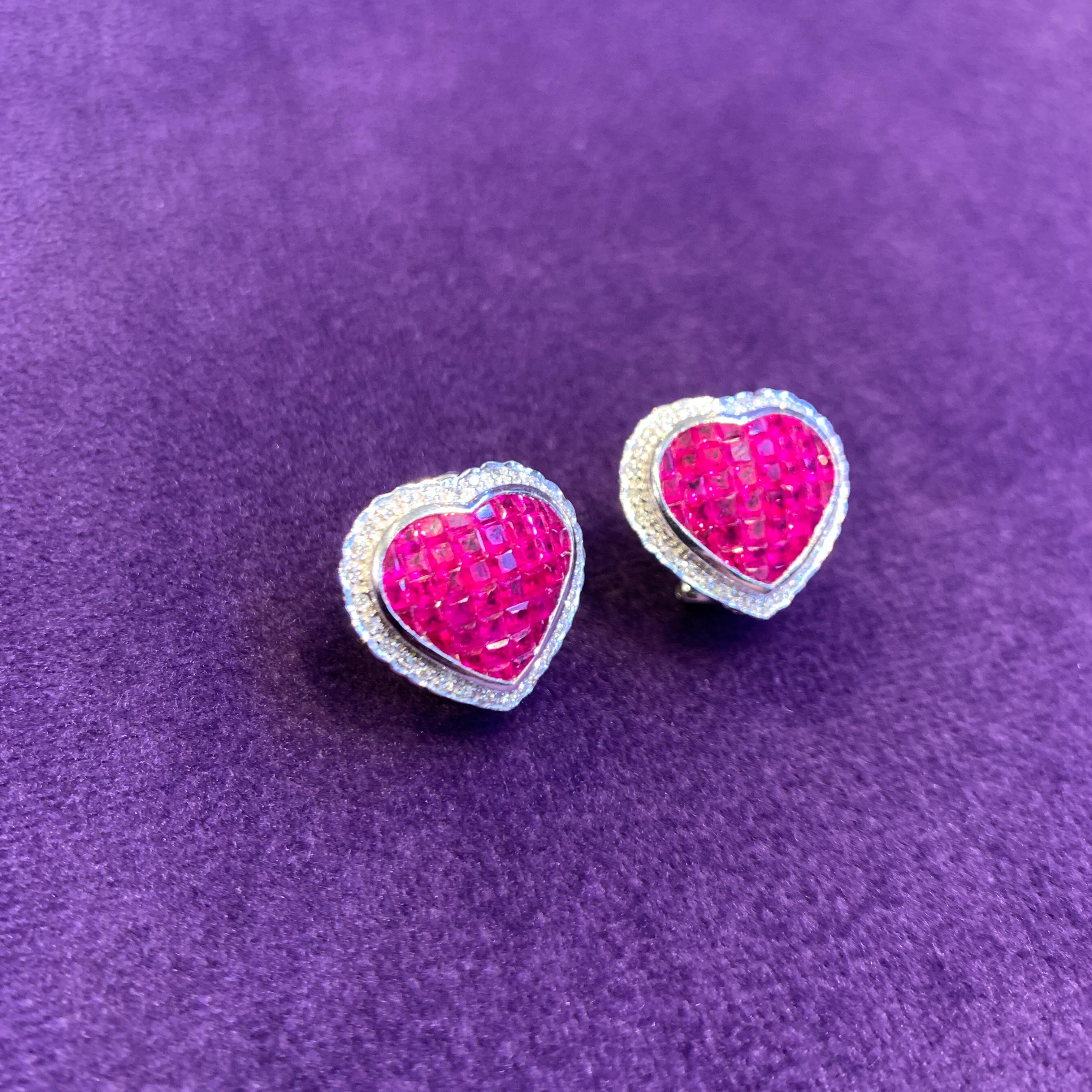 Women's Mystery Set Ruby & Diamond Heart Earrings For Sale