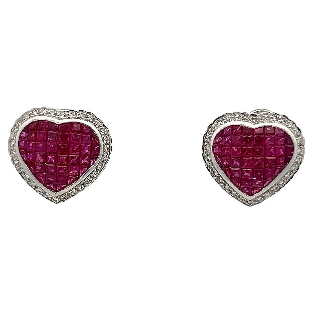 Mystery Set Ruby & Diamond Heart Earrings For Sale