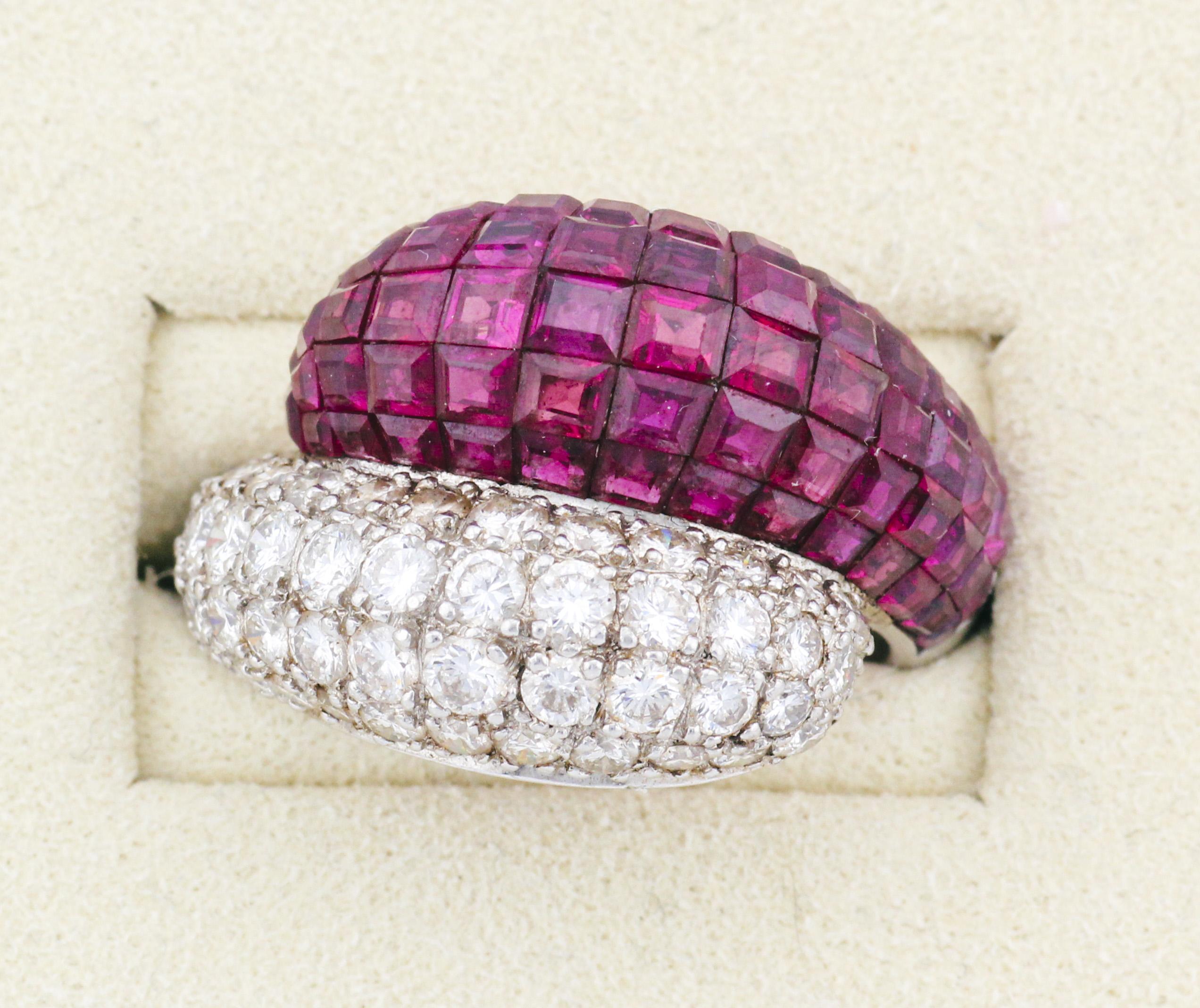 Mystery Set Rubin Diamant Platin Crossover Ring Größe 6 im Zustand „Gut“ im Angebot in Bellmore, NY