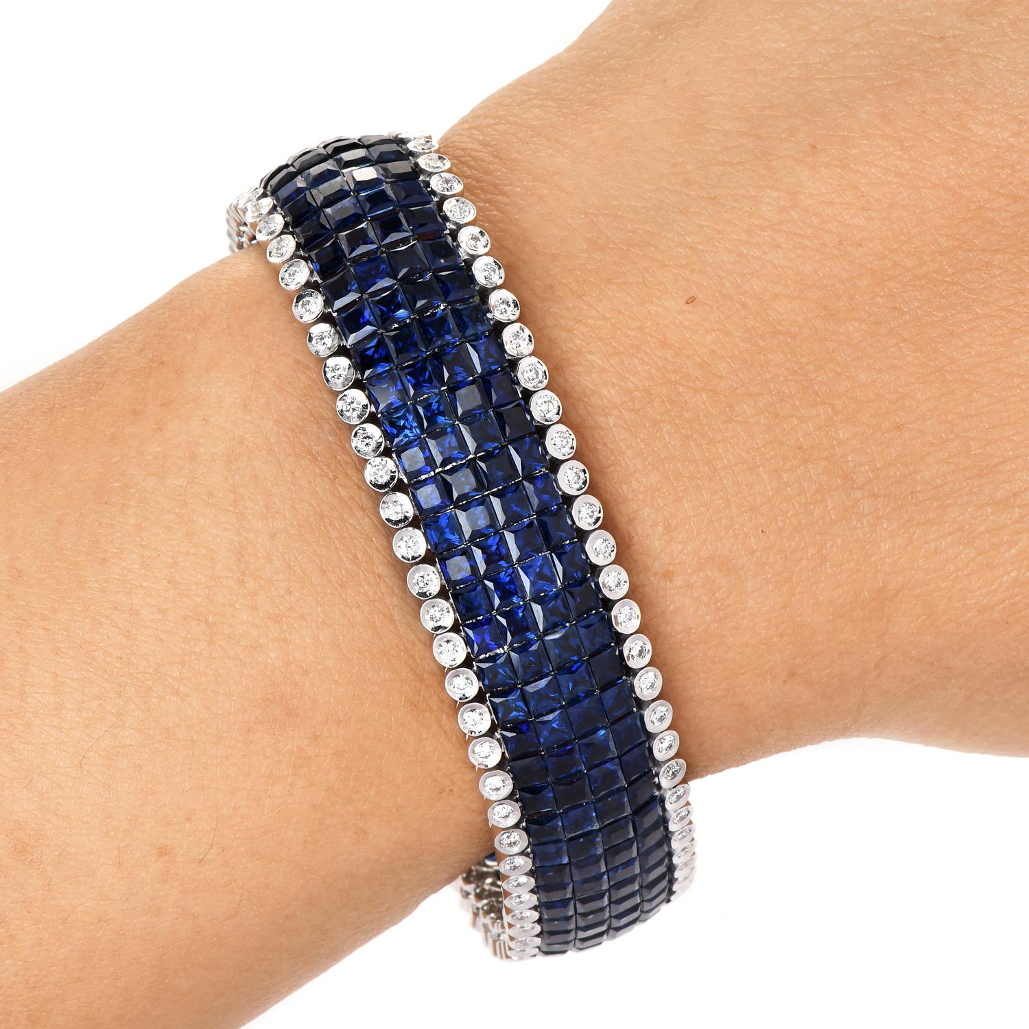 Square Cut Mystery-Set Sapphire and Diamond 18k Gold Cocktail Bracelet For Sale