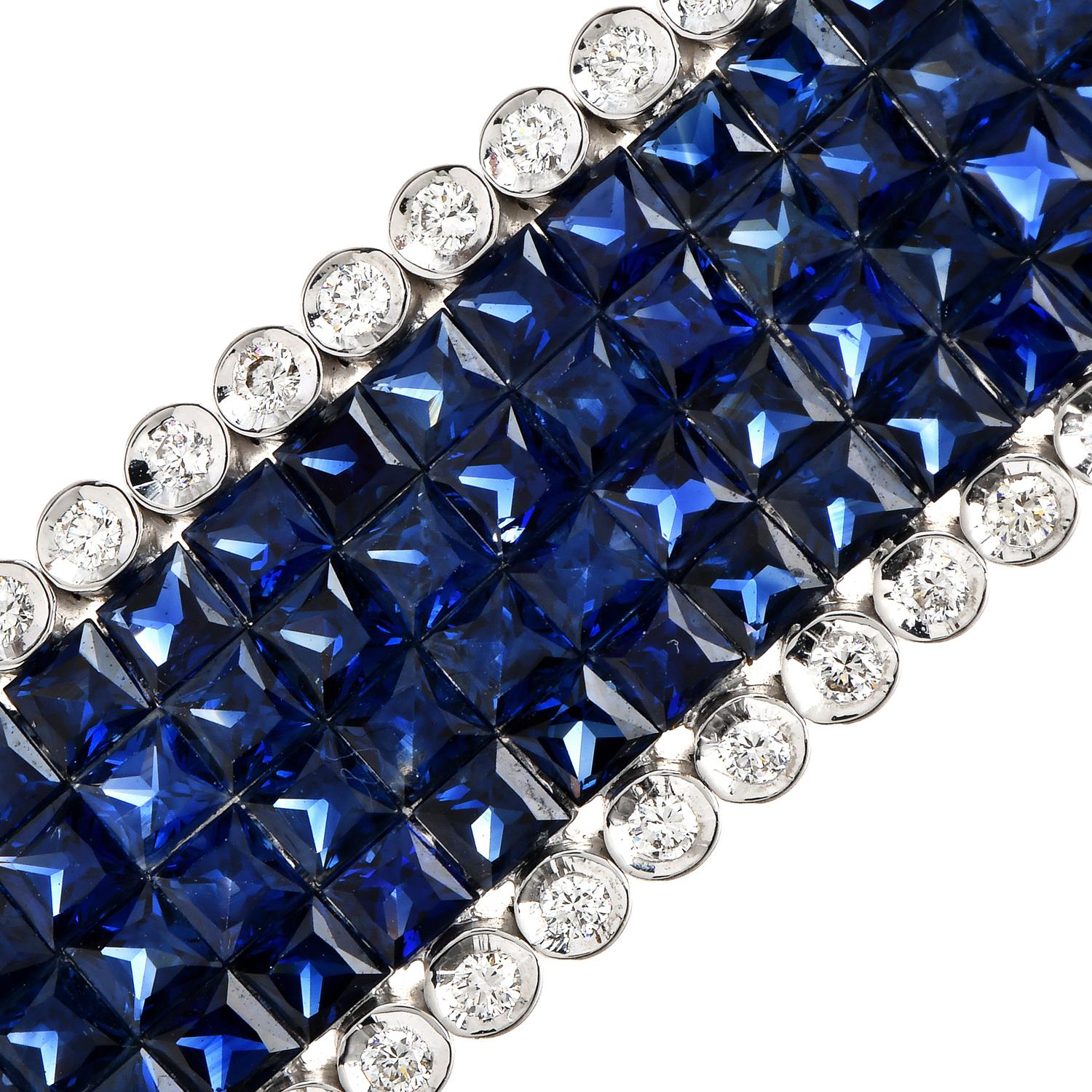 Mystery-Set Sapphire and Diamond 18k Gold Cocktail Bracelet In Excellent Condition For Sale In Miami, FL