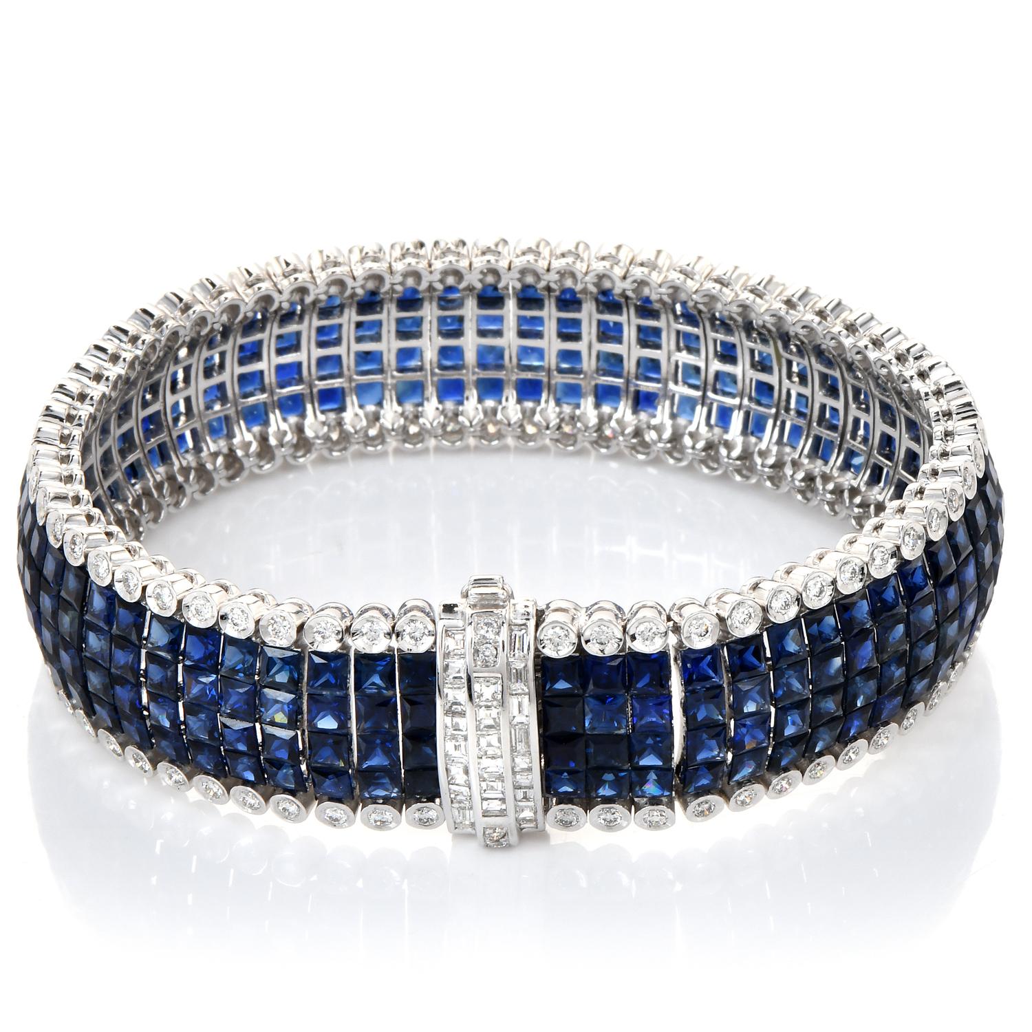 Women's or Men's Mystery-Set Sapphire and Diamond 18k Gold Cocktail Bracelet For Sale