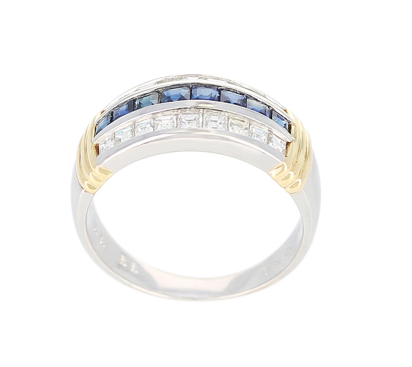 A Channel Set Sapphire and Diamond Band with One Row of Sapphires between Two Rows of Diamonds, with Two 18K Yellow Gold Linings, made in Platinum. Sapphire Weight: 0.58 carats, Diamond Weight: 0.58 carats, Total Weight: 6.24 grams, Ring Size US