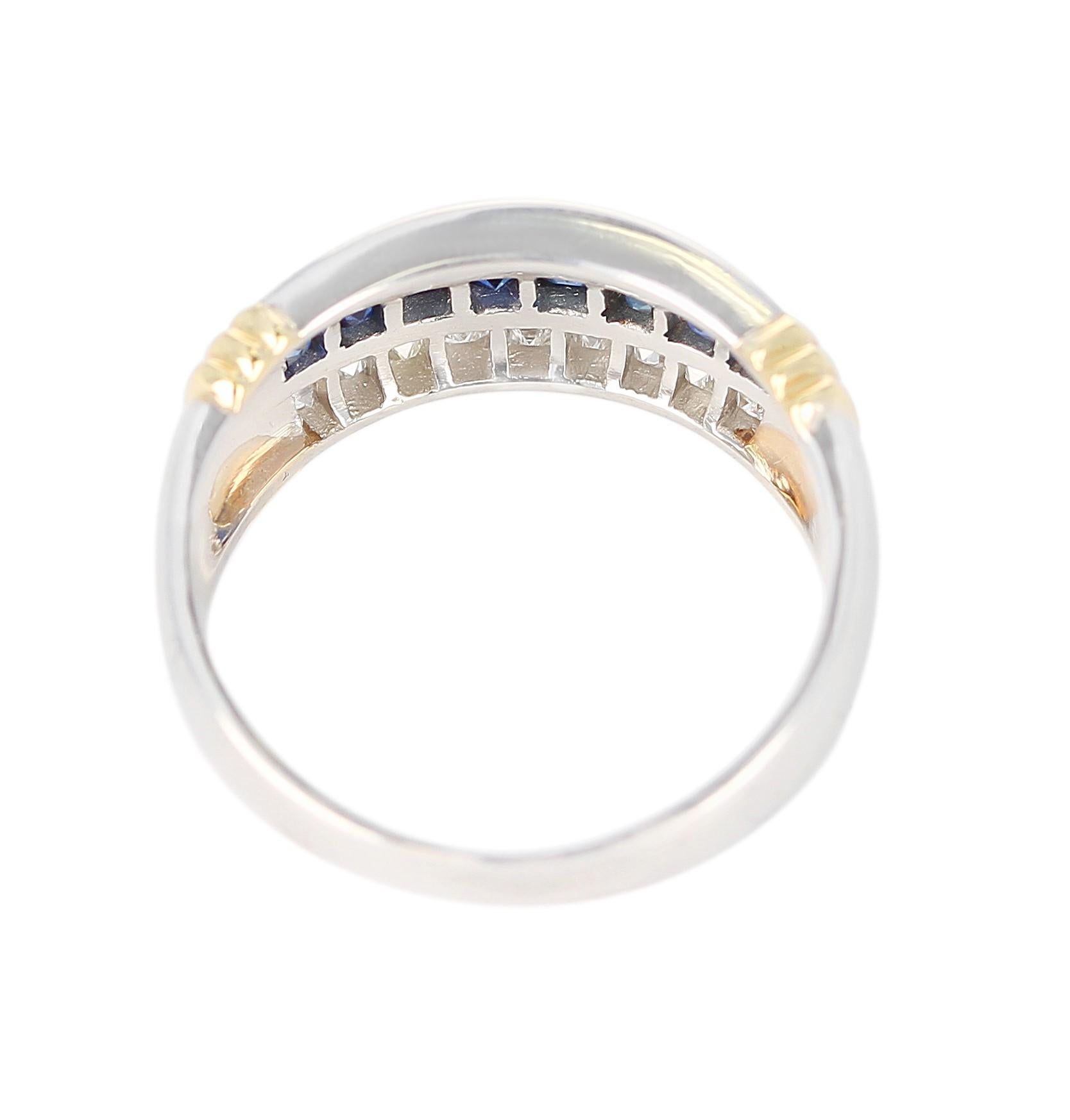 Square Cut Channel Set Sapphire and Diamond Band with Two 18 Karat Gold Linings, Platinum